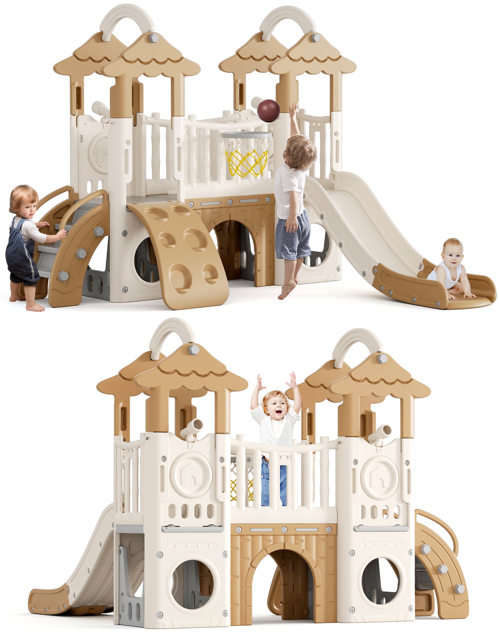 Pre-sale, 9 in 1 Toddler Slide Set Freestanding Climber Playset with rainbow top, grassroof, and Basketball Hoop and Ball, Coffee