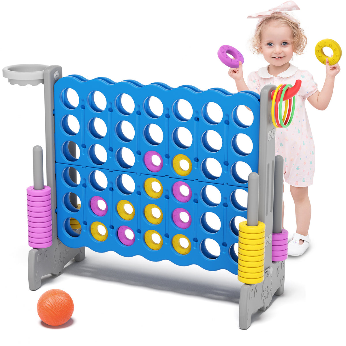 XJD Giant 4-in-A-Row Jumbo Game, 4-to-Score Game Set with Basketball Hoop, Ring Toss, 42 Jumbo Rings, Indoor Outdoor Family Game for Kids & Adults. Blue&Gray