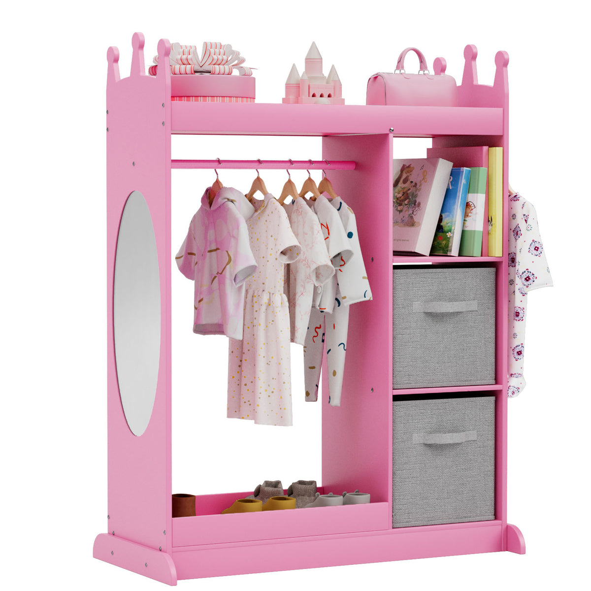 Kids Large Dress up Storage with Mirror, Kids Costume Organizer with Storage Area, Pink