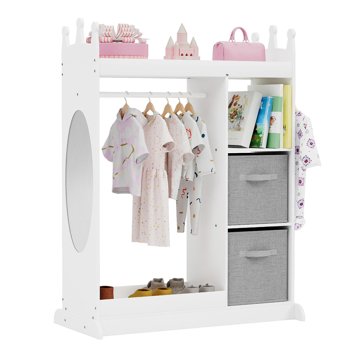 Kids Large Dress up Storage with Mirror, Kids Costume Organizer with Storage Area, White