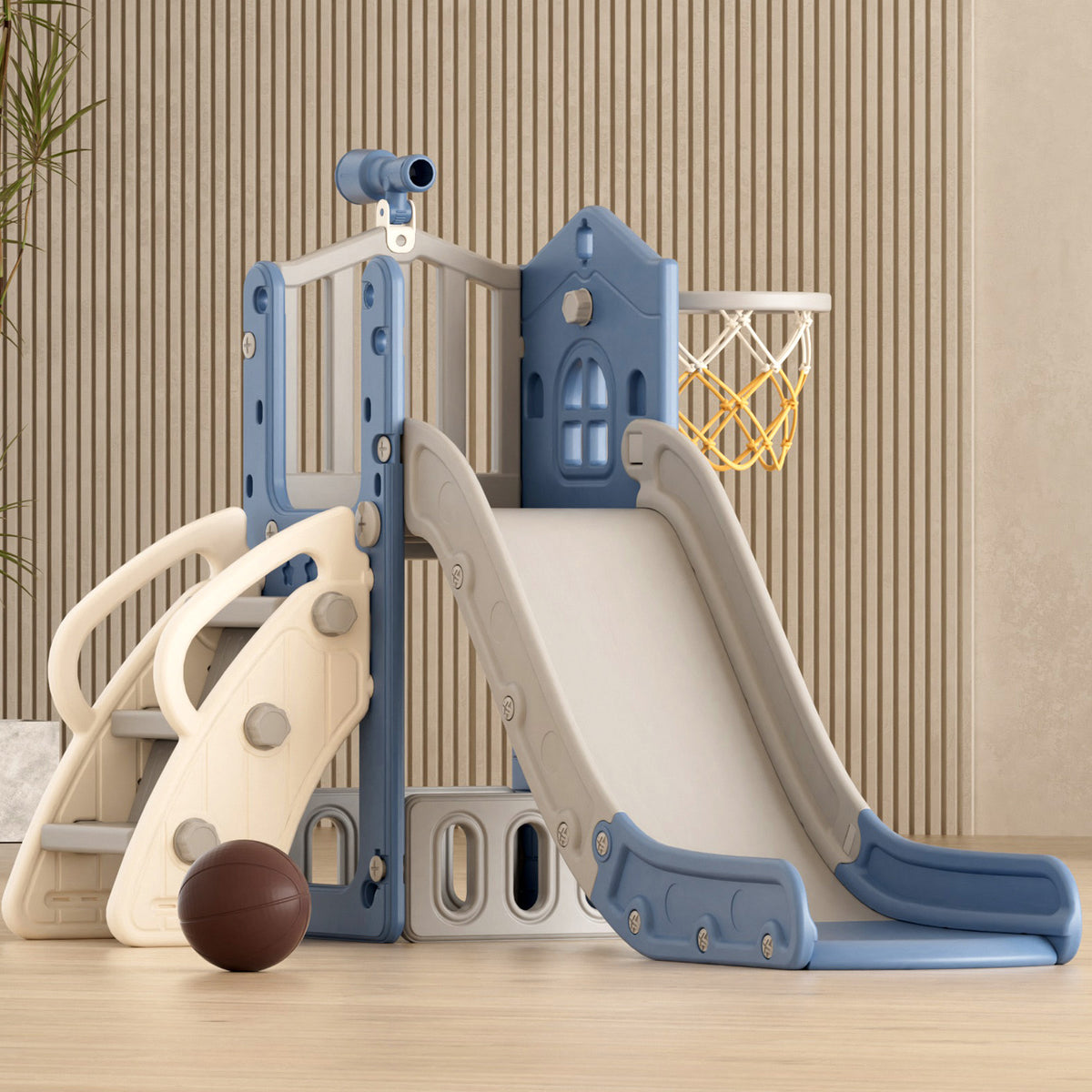 XJD 5 in 1 Toddler Slide Set  Climber Slide for Age 1-3, Outdoor Indoor Playset, Slide with Basketball Hoop, Telescope, and Storage Space, Blue/Grey