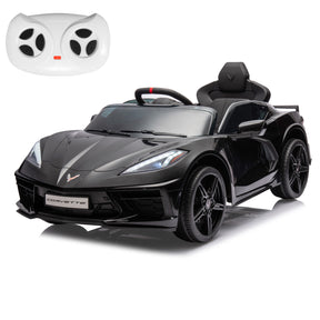 XJD Corvette C8 12V Electric Ride-On Car for Kids - Dual Speed, LED, USB, Bluetooth, Parental Control, for Ages 3+, Black