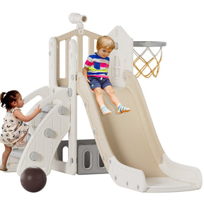 XJD 5 in 1 Toddler Slide Set  Climber Slide for Age 1-3, Outdoor Indoor Playset with Basketball Hoop, Telescope, and Storage Space, Beige/Coffee