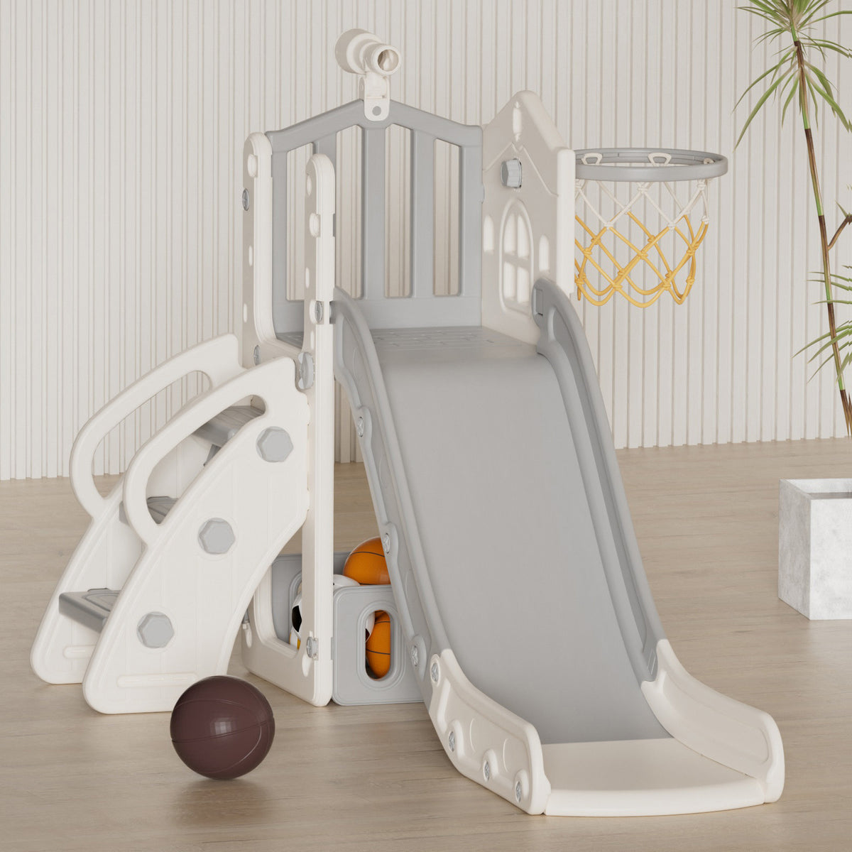 XJD 5 in 1 Toddler Slide Set  Climber Slide for Age 1-3, Outdoor Indoor Playset with Basketball Hoop, Telescope, and Storage Space, Gray/Grey