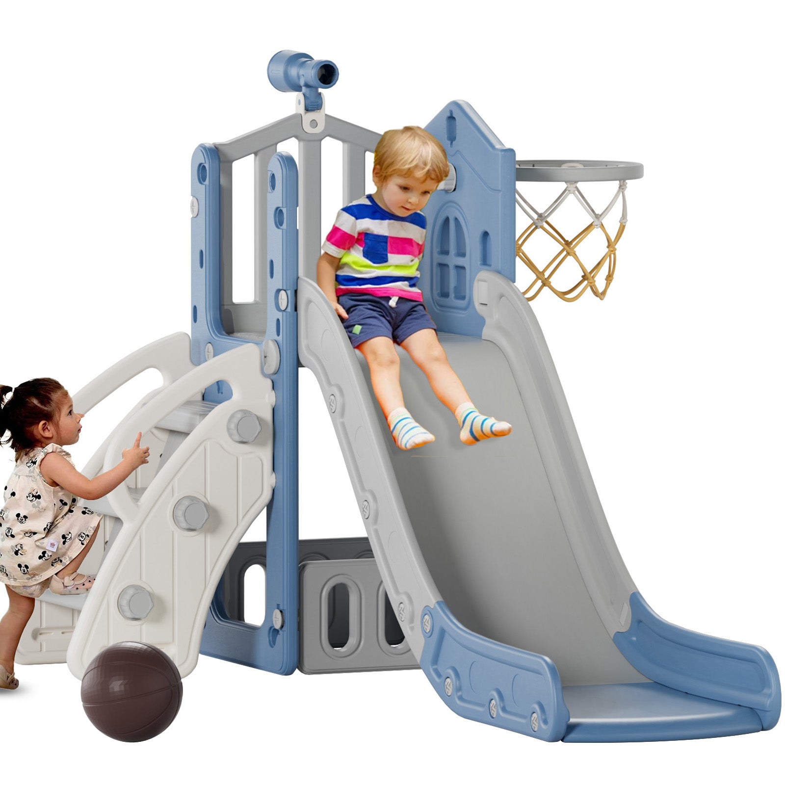 XJD 5 in 1 Toddler Slide Set  Climber Slide for Age 1-3, Outdoor Indoor Playset, Slide with Basketball Hoop, Telescope, and Storage Space, Blue/Grey