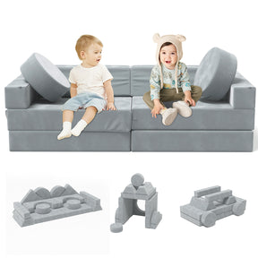 XJD 14-Piece Modular Kids Play Couch Set, Children's Combination Sofa, Bedroom and Playroom Children's Furniture, Convertible Foam and Floor Cushions, Gray (Grey)