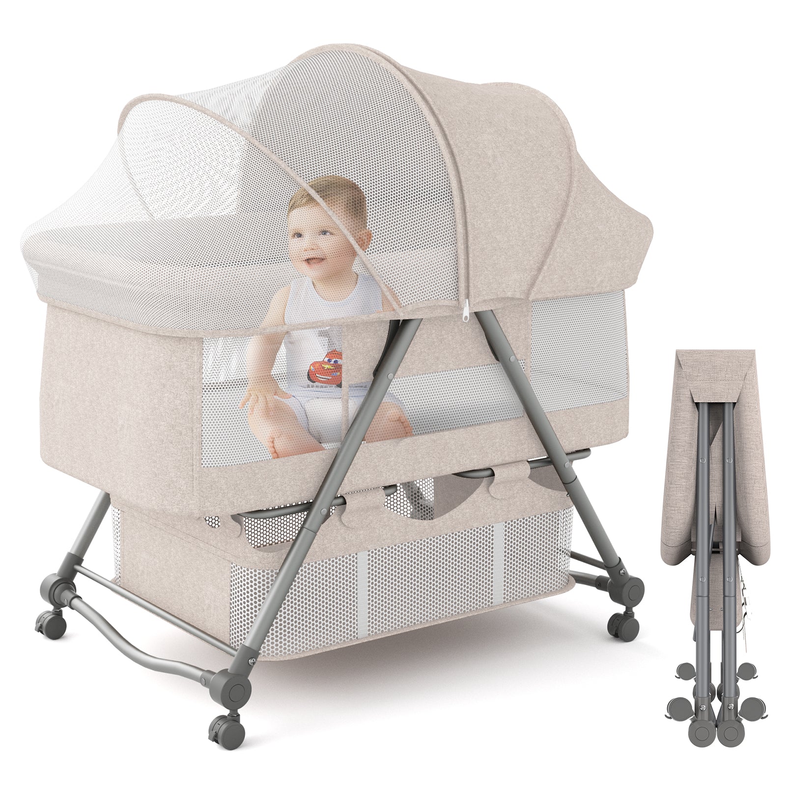 XJD Baby Bassinets Rocking Bassinet, Beige Portable Travel Easy Folding Bedside Crib Adjustable Height for Newborn Infant