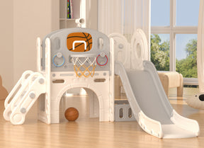 XJD 8-in-1 Kids Slide with Climber with Basketball Hoop, Tunnel, Telescope and Storage Space, Freestanding Indoor/Outdoor Toddler Play Set, White Gray