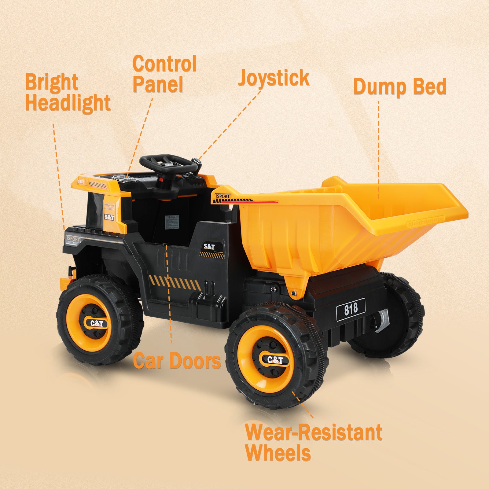 XJD 12V Kids Ride On Truck Car w/Parent Remote Control, Spring Suspension, LED Lights, USB Port, Bluetooth - Orange