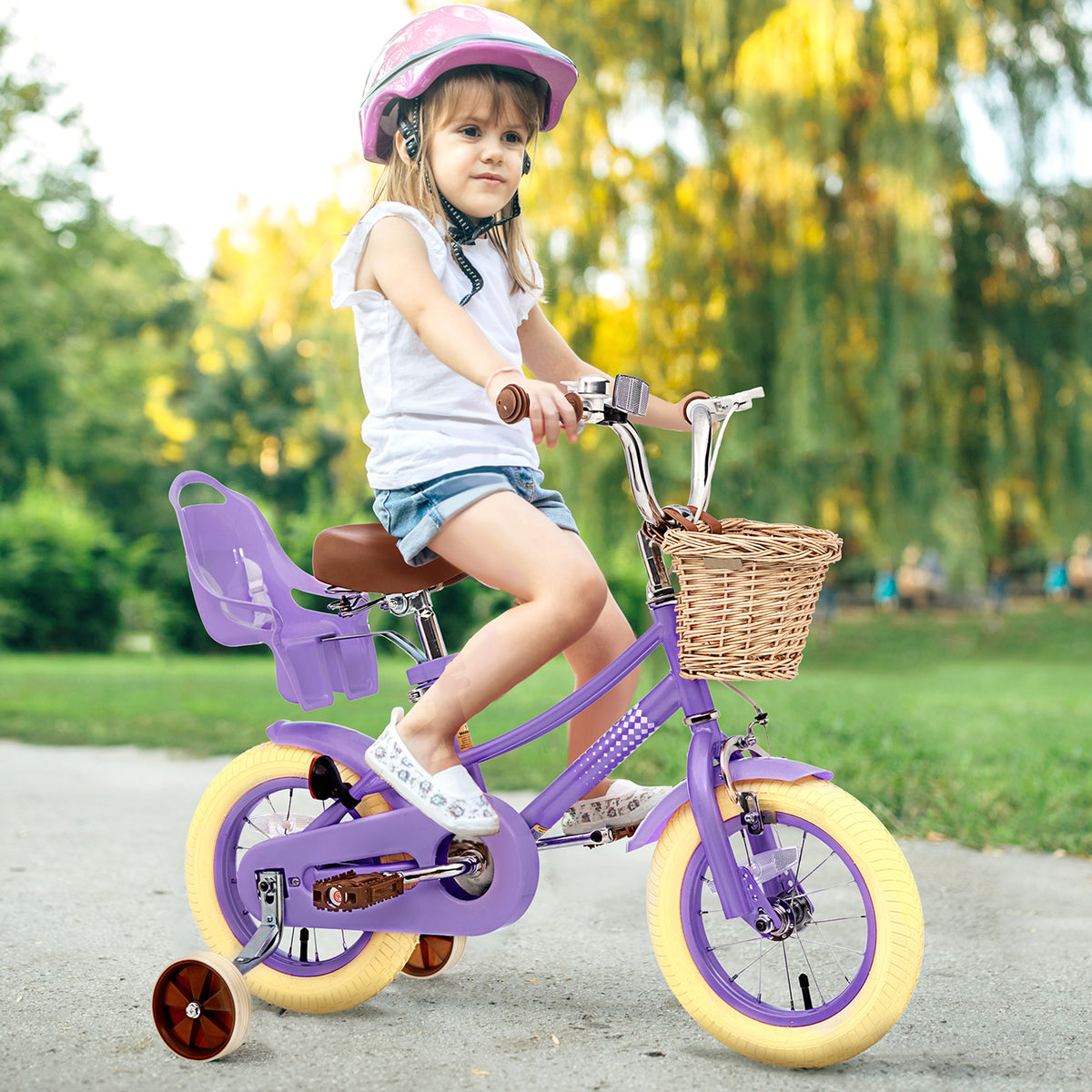 XJD Kids Bicycle for Toddlers and Children 2-12 Years Old, 12 14 16 20 inch Bike for Girls and Boys, with Basket and Bell Training Wheels, Adjustable Seat Handlebar Height, Purple