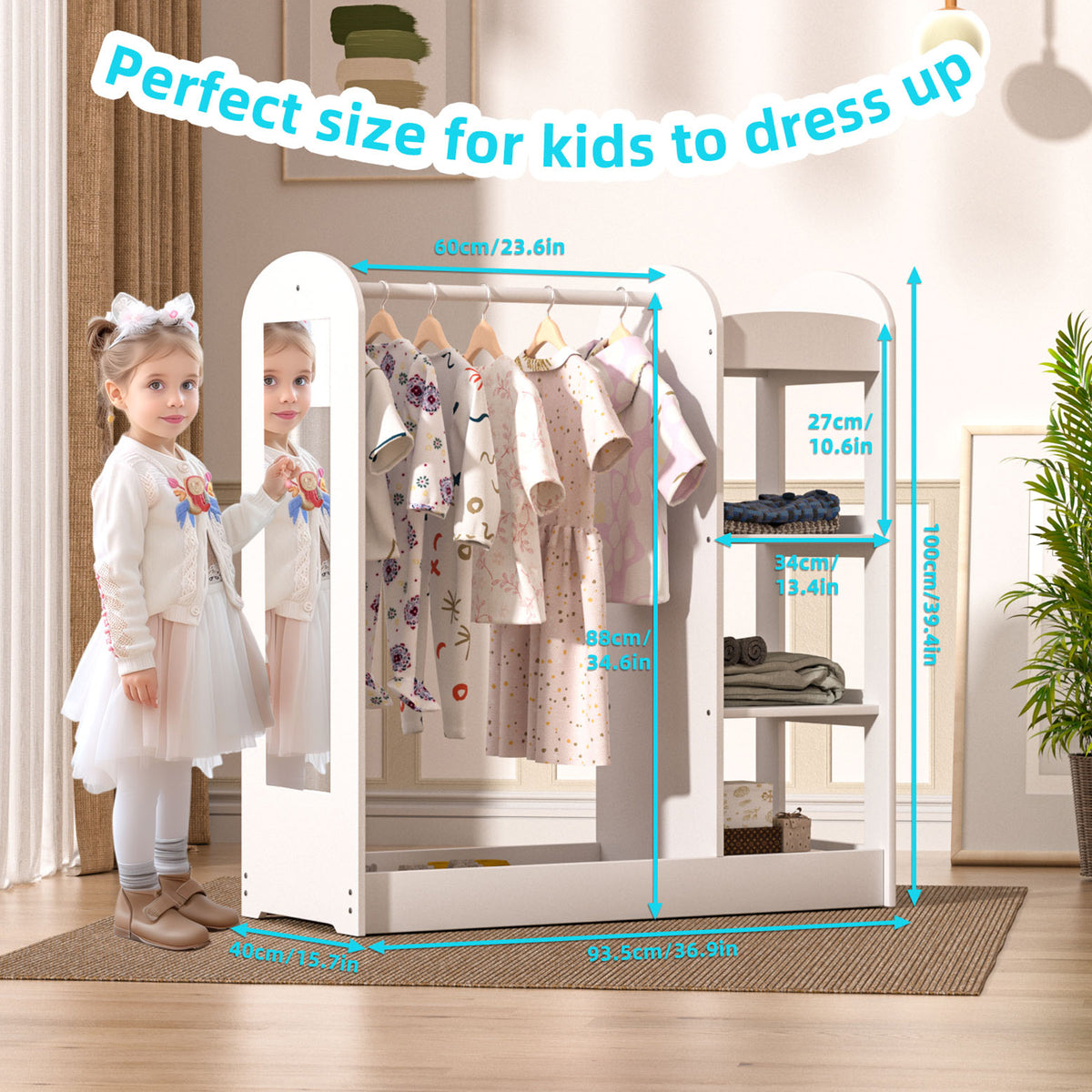 Kids Large Dress up Storage with Mirror, Kids Costume Organizer, White