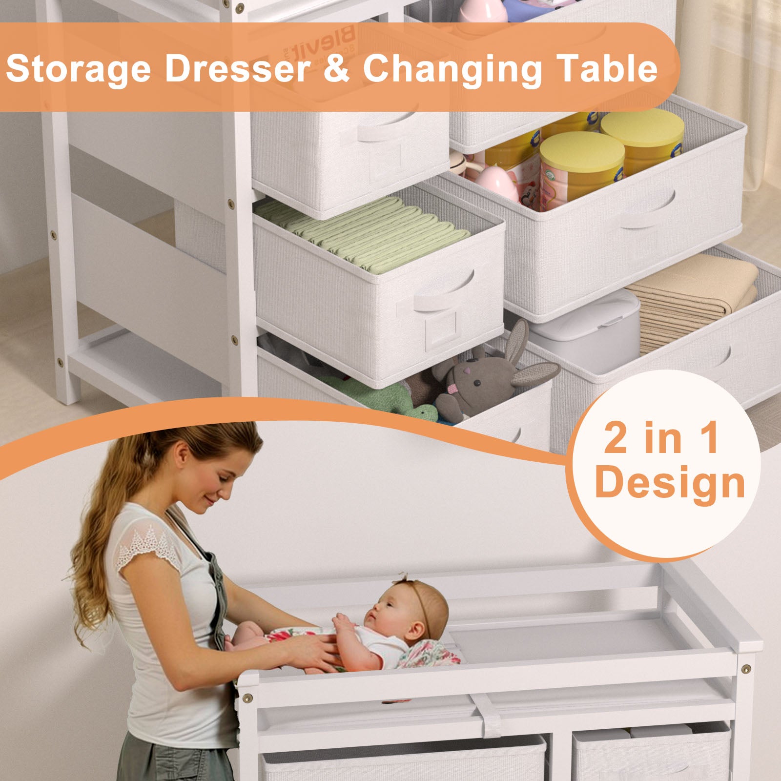 XJD Baby Changing Table with 6 Storage Baskets, Changing Table Dresser with Changing Table Top, Baby Diaper Changing Station (White)