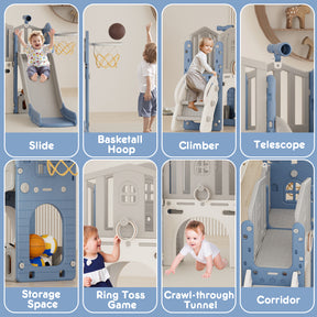 XJD 8 in 1 Toddler Slide Set  Climber Slide for Age 1-3, Outdoor Indoor Playset with Basketball Hoop, Telescope, and Storage Space, Blue/Grey