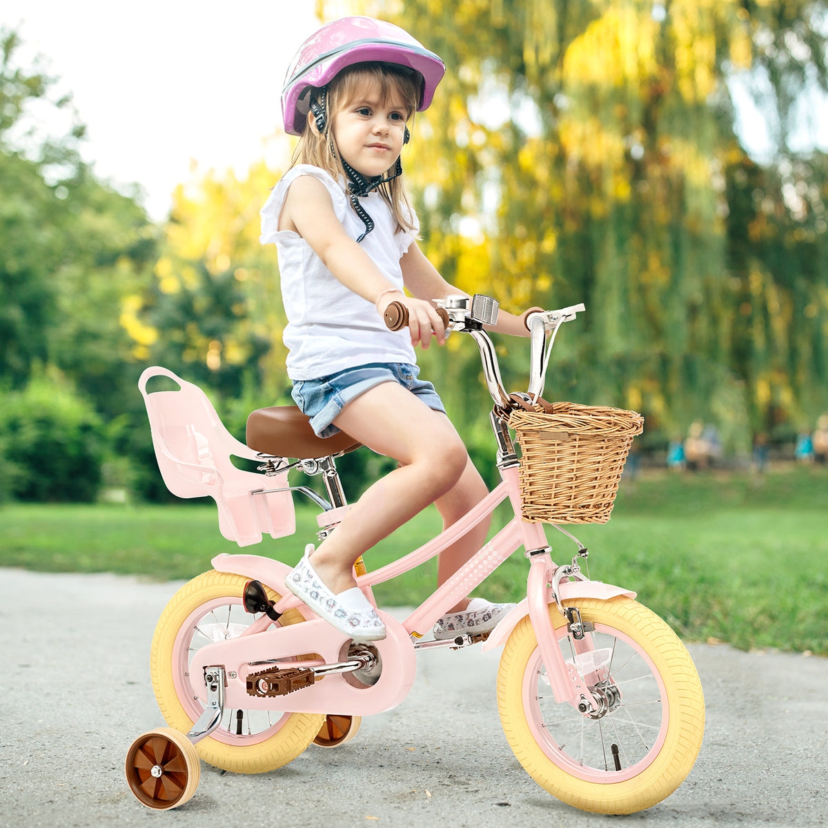 XJD Kids Bicycle for Toddlers and Children 2-12 Years Old, 12 14 16 20 inch Bike for Girls and Boys, with Basket and Bell Training Wheels, Adjustable Seat Handlebar Height, Pink