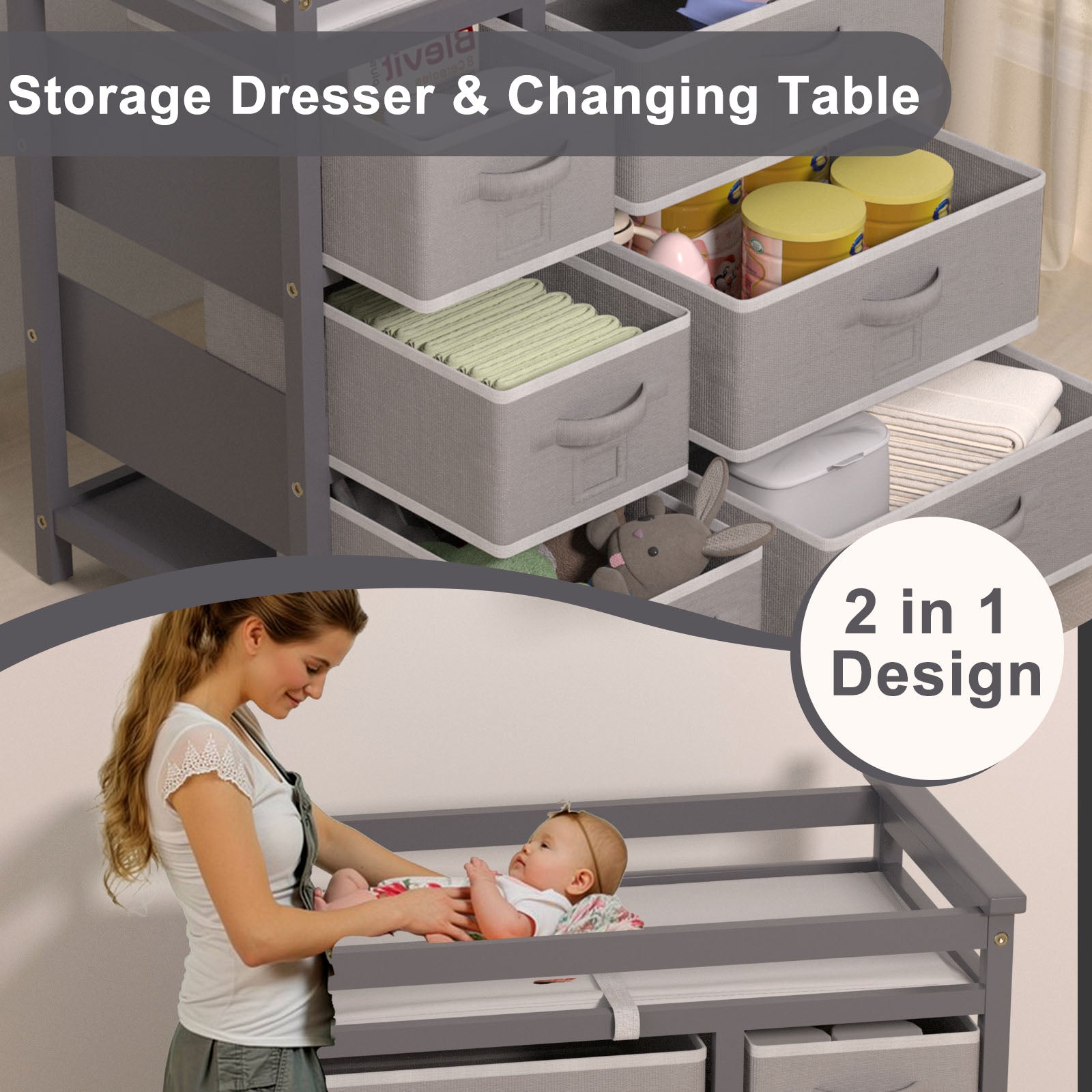 XJD Baby Changing Table with 6 Storage Baskets, Changing Table Dresser with Changing Table Top, Baby Diaper Changing Station (Gray)