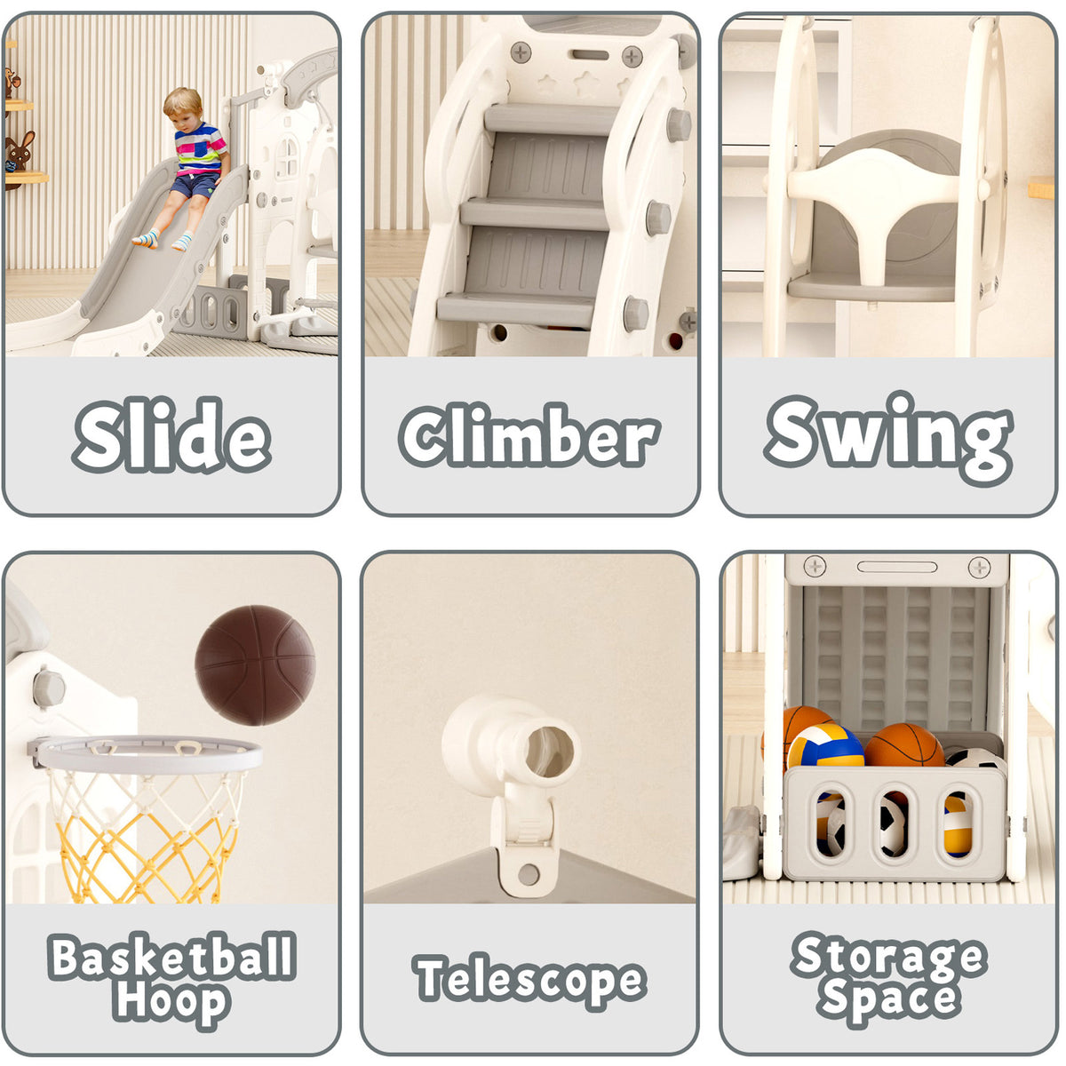 XJD 6 in 1 Toddler Slide Set Indoor Outdoor Plastic Freestanding Slide, Gray/Grey
