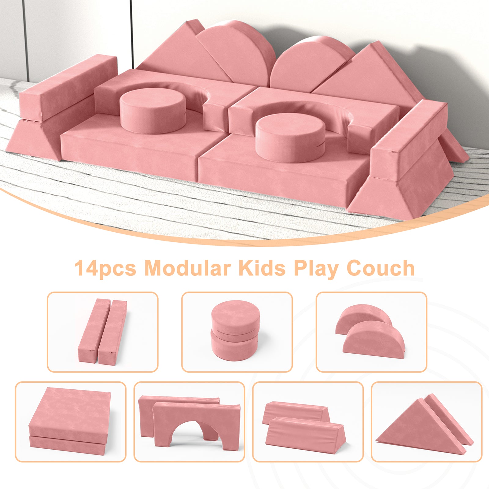 XJD 14-Piece Modular Kids Play Couch Set, Children's Combination Sofa, Bedroom and Playroom Children's Furniture, Convertible Foam and Floor Cushions, Pink