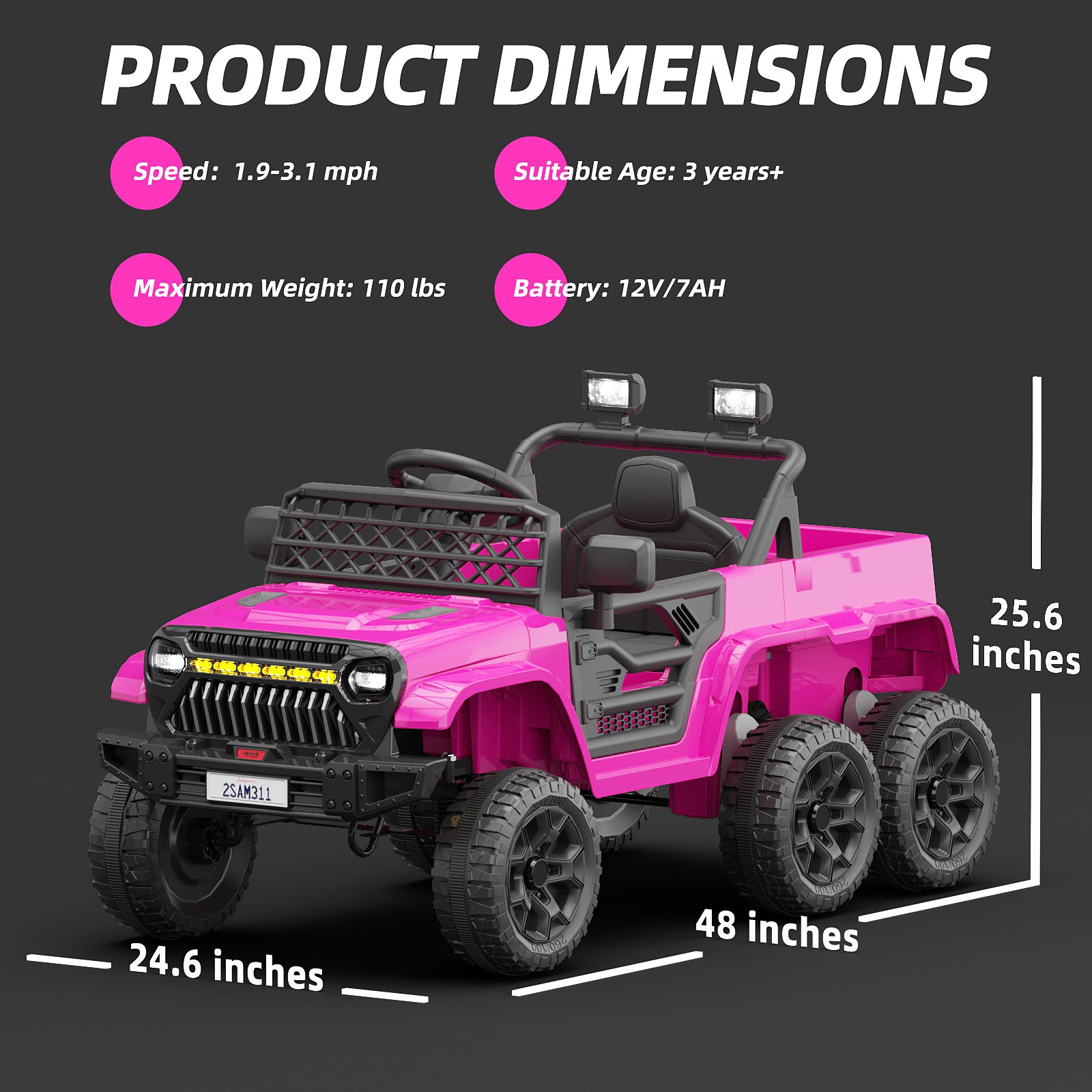 XJD 12V 7AH Ride On Truck Car with Remote Control, 6 Wheels, 2 Seats, Power Car for Kids, Pink