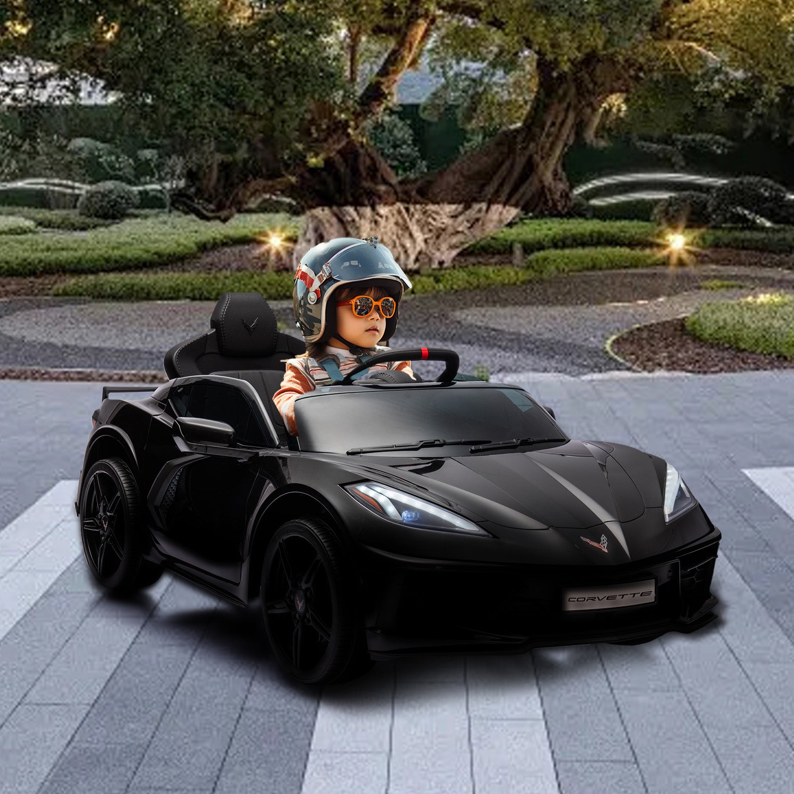 XJD Corvette C8 12V Electric Ride-On Car for Kids - Dual Speed, LED, USB, Bluetooth, Parental Control, for Ages 3+