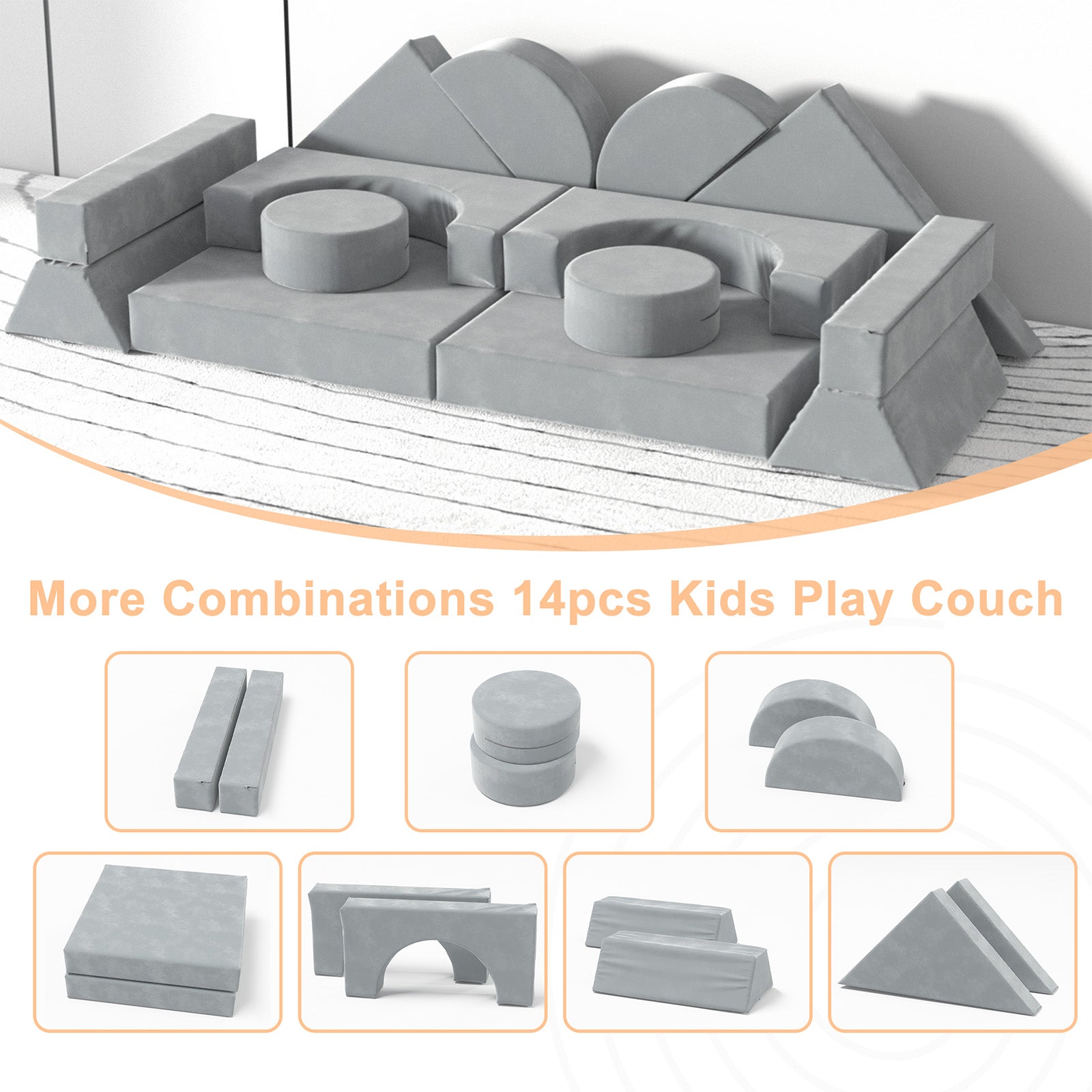 XJD 14-Piece Modular Kids Play Couch Set, Children's Combination Sofa, Bedroom and Playroom Children's Furniture, Convertible Foam and Floor Cushions, Gray (Grey)