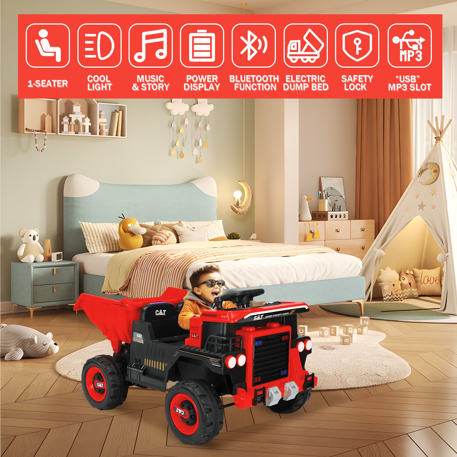 XJD 12V Kids Ride On Truck Car w/Parent Remote Control, Spring Suspension, LED Lights, USB Port, Bluetooth - Red