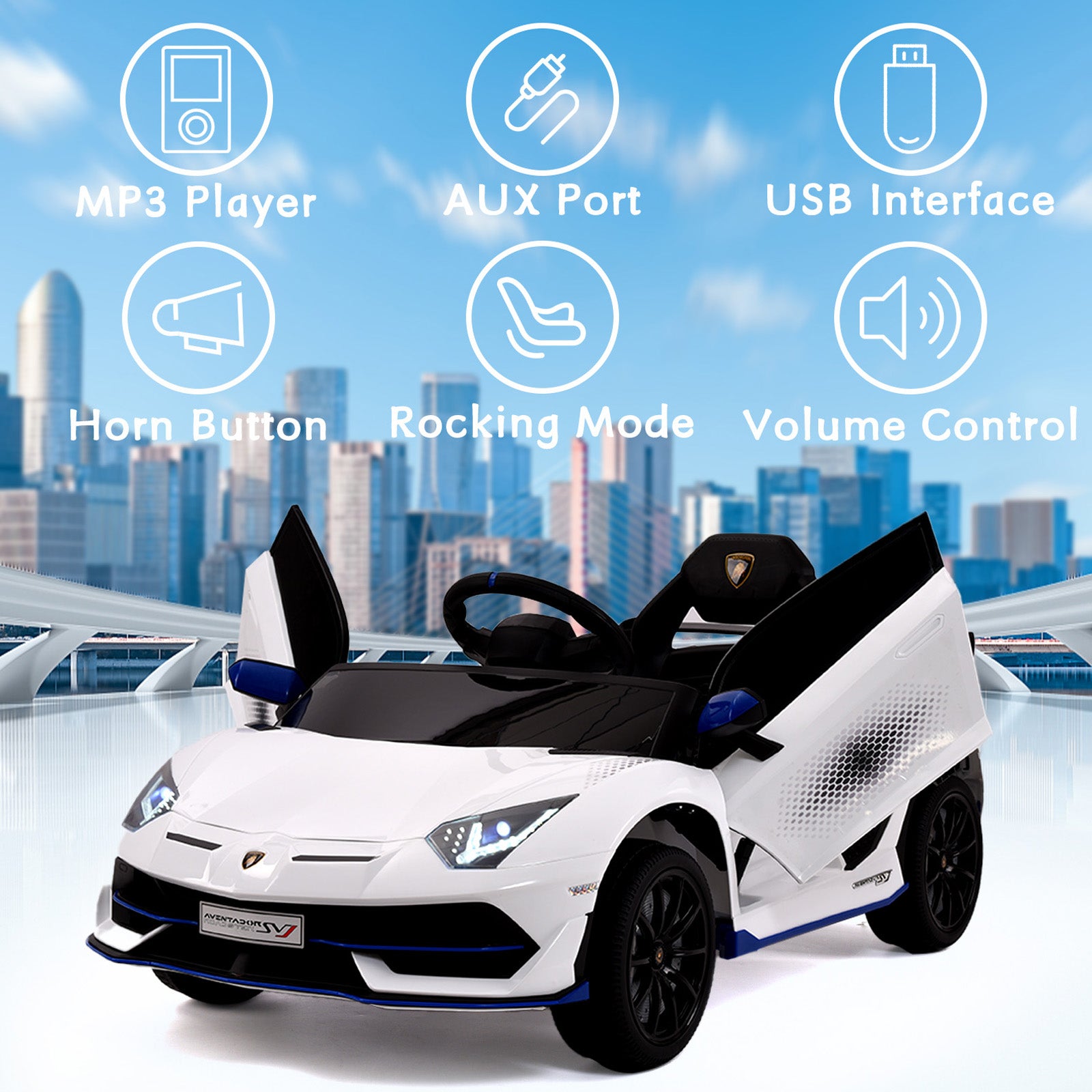 XJD 12V Kids Ride On Lamborghini Electric Car Power Wheels Battery Operated Vehicles Speeds Adjustable with Music, Parent Remote Control, Spring Suspension, White