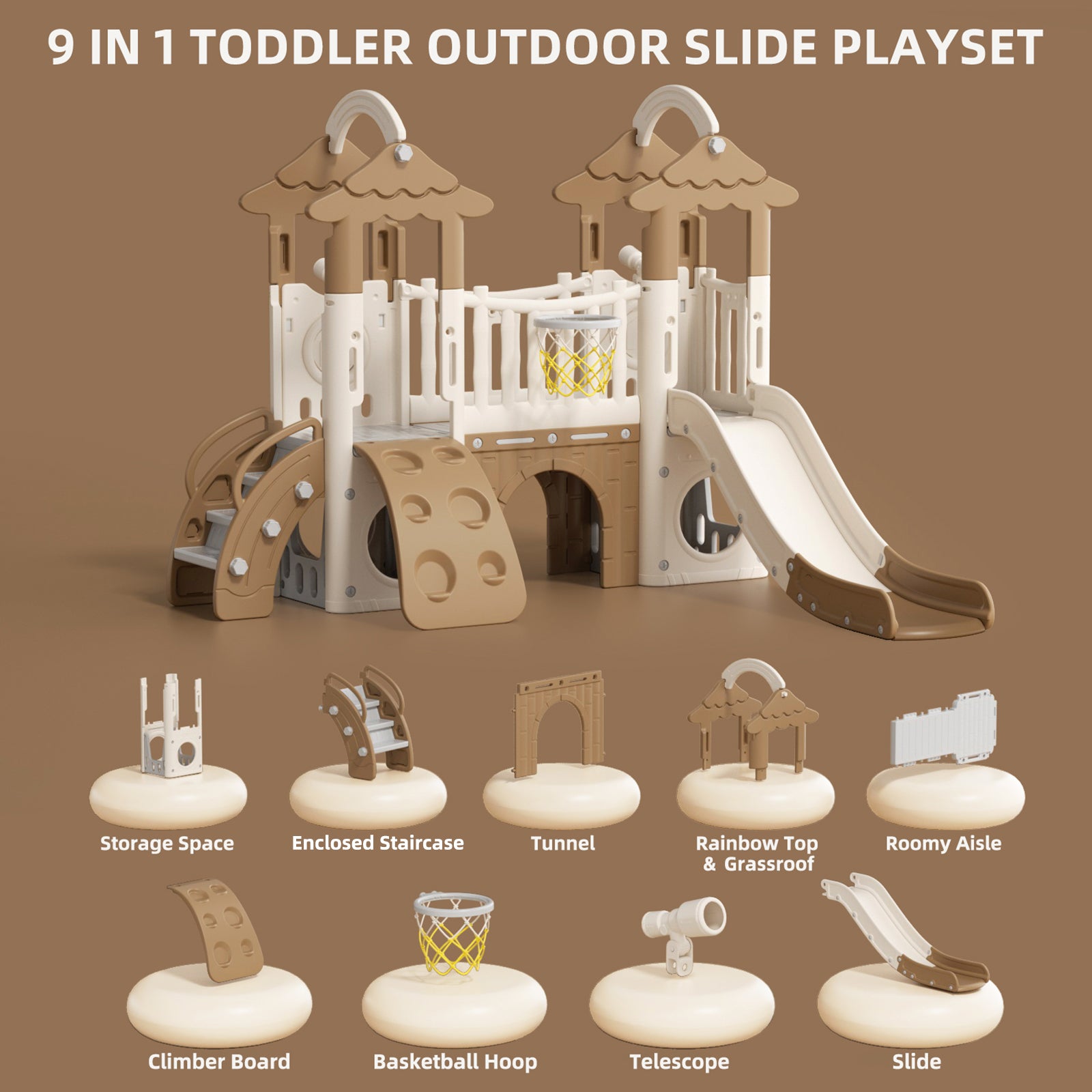 Pre-sale, 9 in 1 Toddler Slide Set Freestanding Climber Playset with rainbow top, grassroof, and Basketball Hoop and Ball, Coffee