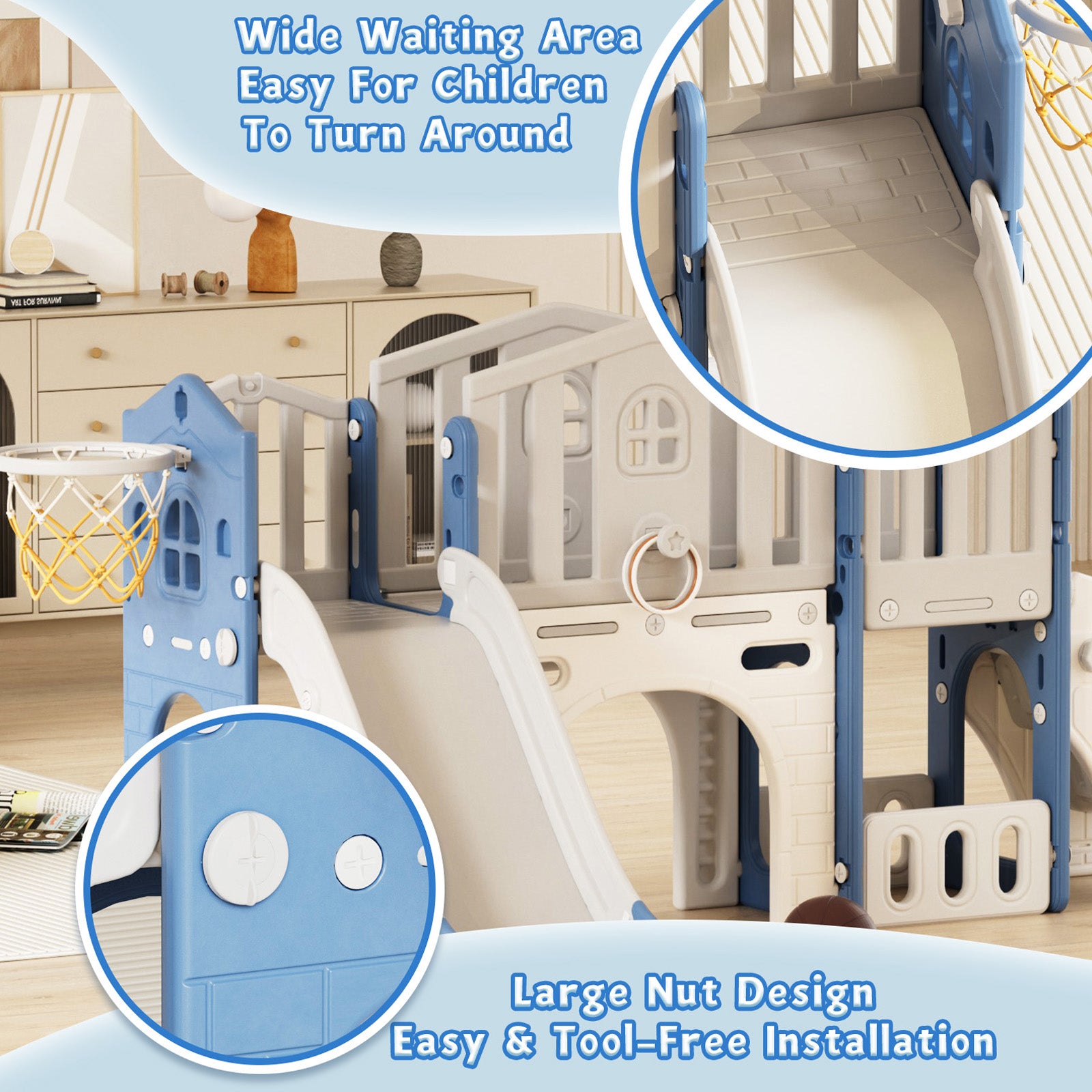 XJD 8 in 1 Toddler Slide Set Indoor Outdoor Plastic Freestanding Slide, Blue&Gray