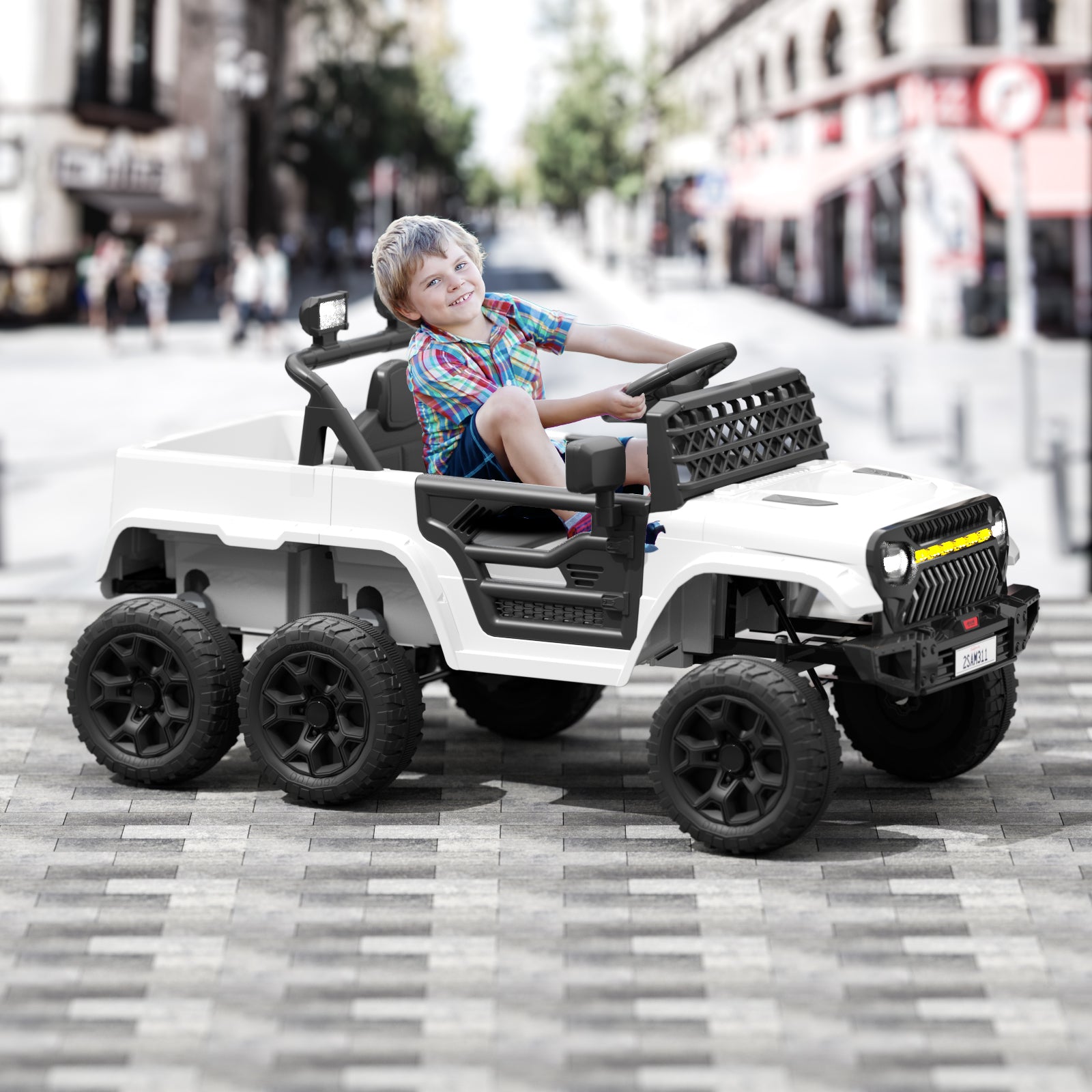 XJD 12V 7AH Ride On Truck Car with Remote Control, 6 Wheels, 2 Seats, Power Car for Kids, White