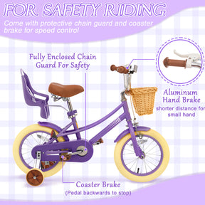 XJD Kids Bicycle for Toddlers and Children 3+ Years Old, 12 14 16 20 inch Bike for Girls and Boys, with Basket and Bell Training Wheels, Adjustable Seat Handlebar Height, Purple