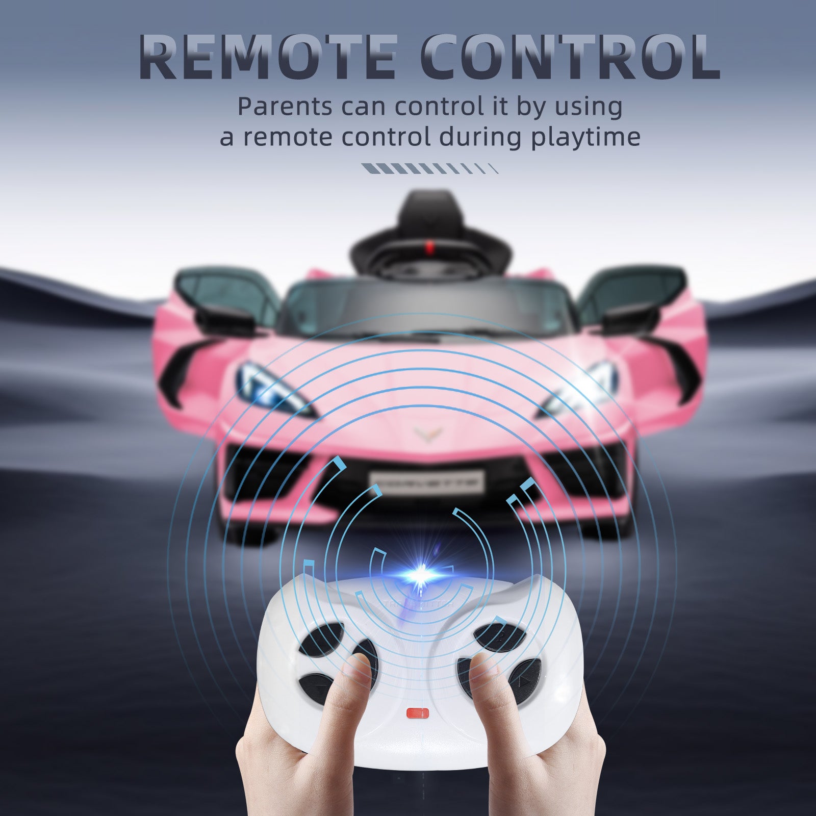 XJD Corvette C8 12V Electric Ride-On Car for Kids - Dual Speed, LED, USB, Bluetooth, Parental Control, for Ages 3+, Pink