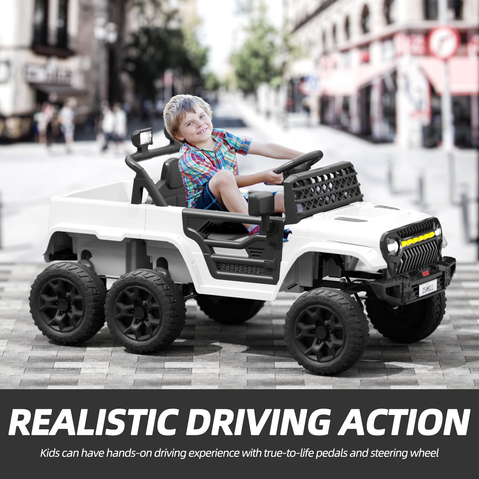 XJD 12V 7AH Ride On Truck Car with Remote Control, 6 Wheels, 2 Seats, Power Car for Kids, White