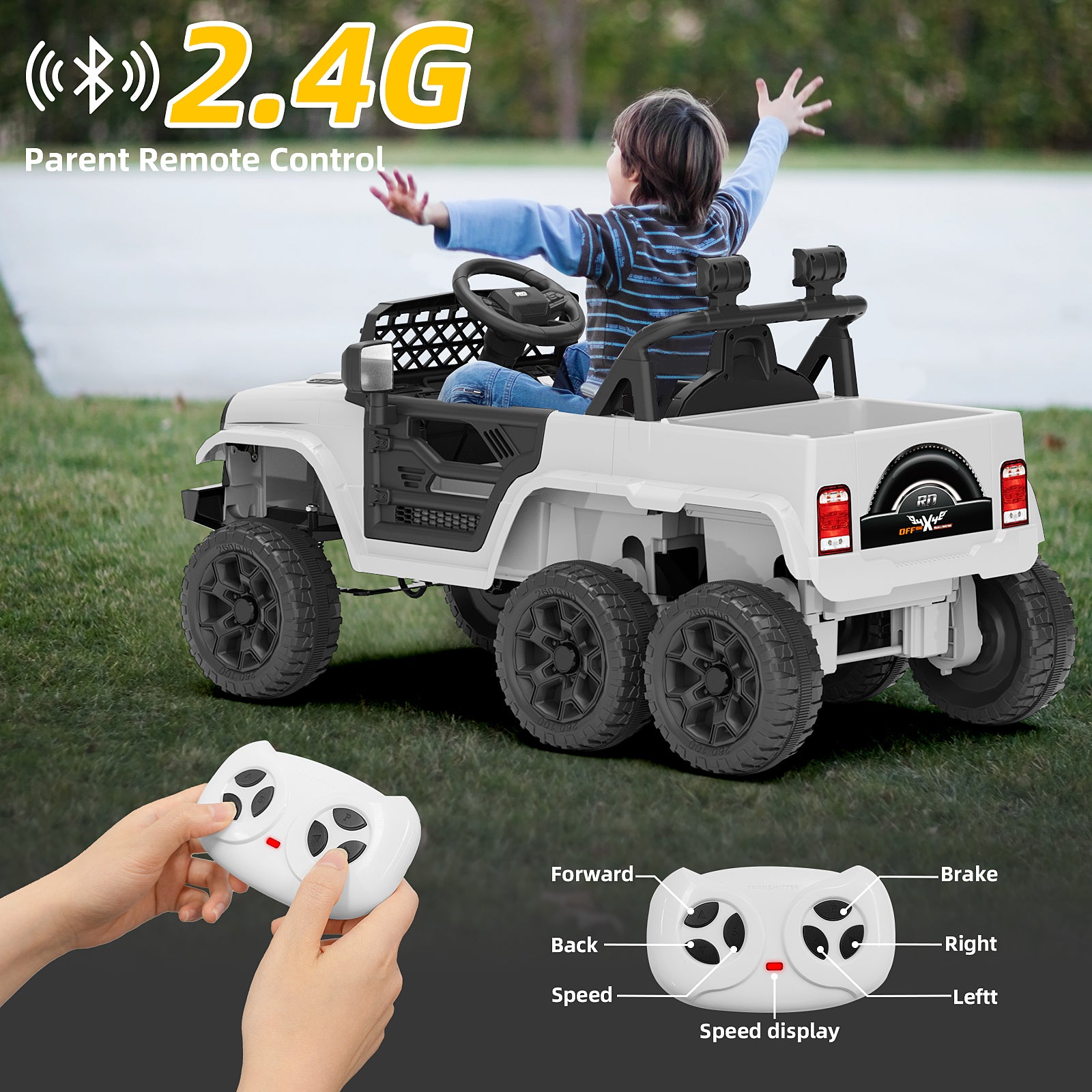 XJD 12V 7AH Ride On Truck Car with Remote Control, 6 Wheels, 2 Seats, Power Car for Kids, White