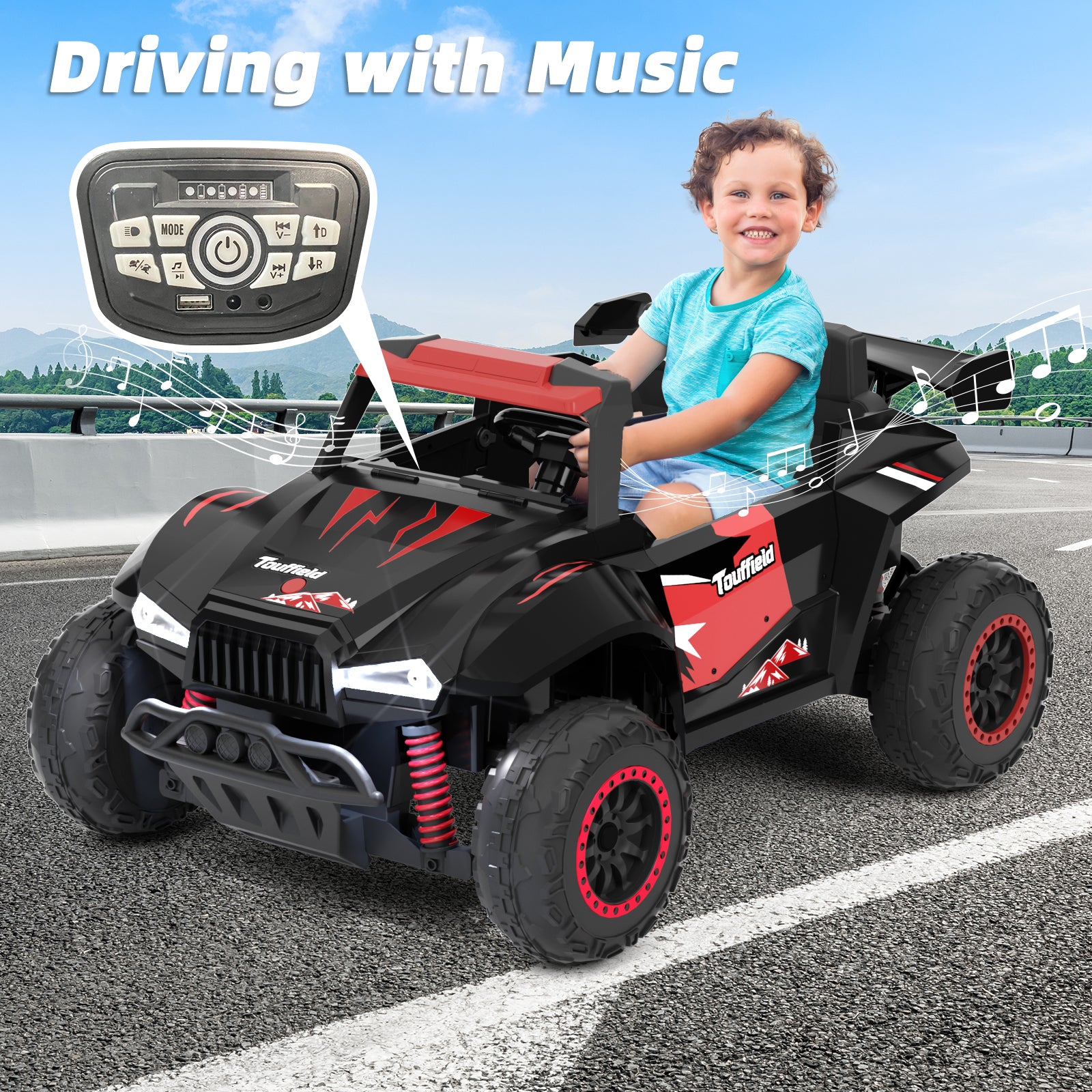 XJD 24V 7AH Ride On Car with Remote Control, 4WD Switchable, 2 Seats, Power Car for Kids, Black&Red