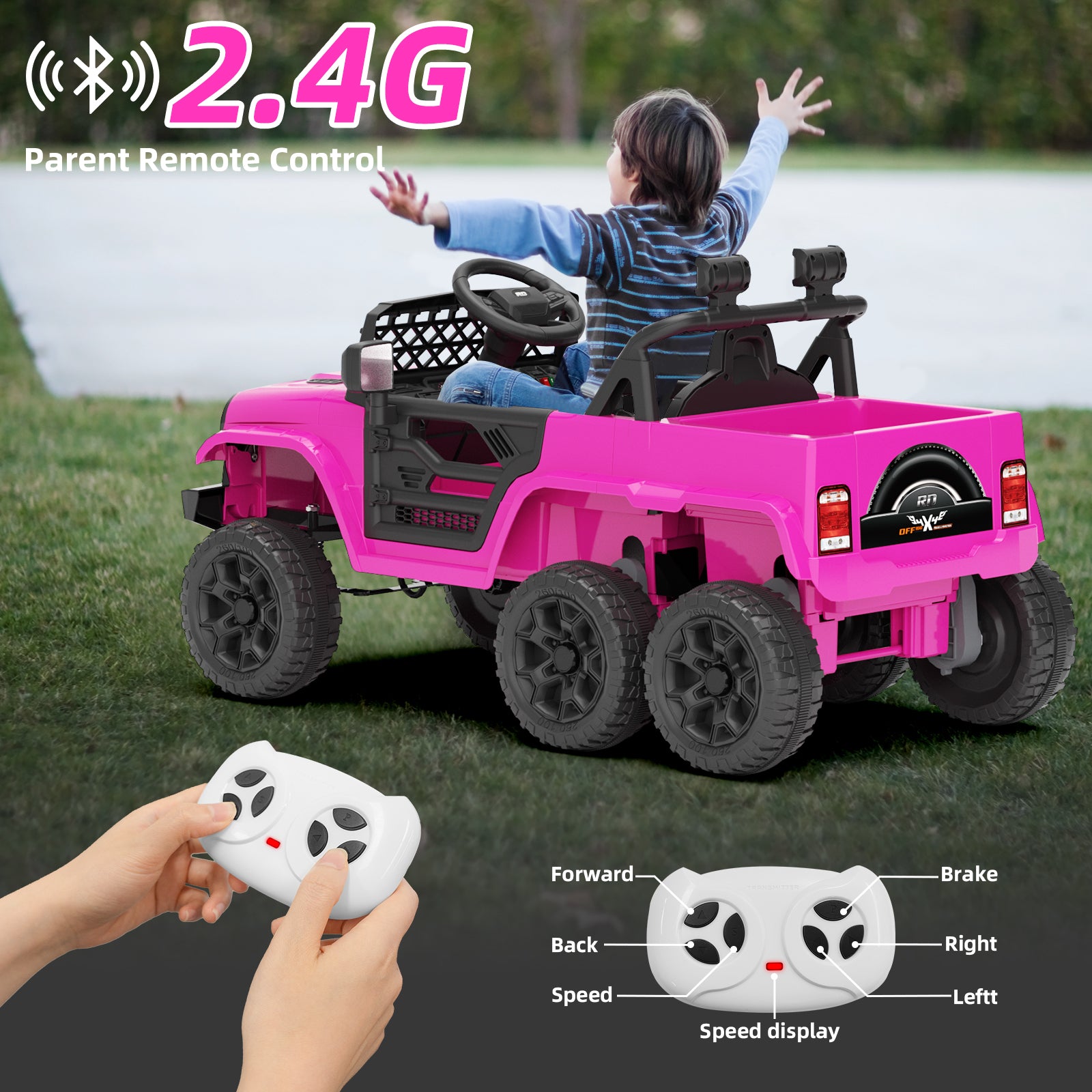 XJD 12V 7AH Ride On Truck Car with Remote Control, 6 Wheels, 2 Seats, Power Car for Kids, Pink