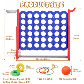 XJD Giant 4-in-A-Row Jumbo Game, 4-to-Score Game Set with Basketball Hoop, Ring Toss, 42 Jumbo Rings, Indoor Outdoor Family Game for Kids & Adults. Blue&Red