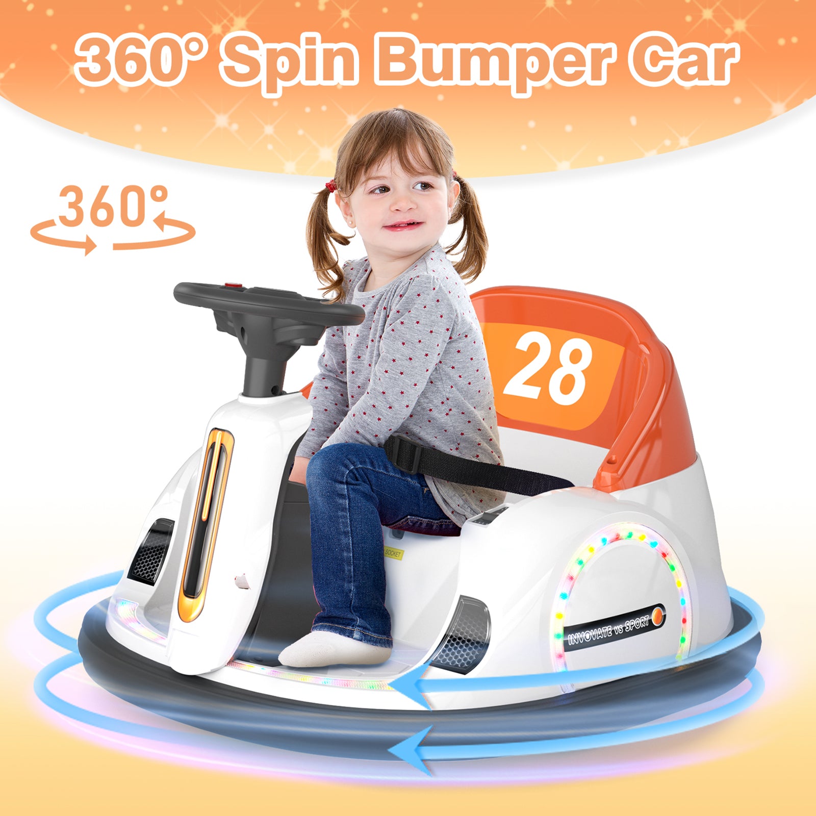 6V Electric Ride on Bumper Car Toys for Kids Toddlers 2-4 Years Old, 360° Spinning Bumping Toy Gifts Cars, Music Play, Lights, 0-2 mph, Orange