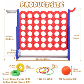 XJD Giant 4-in-A-Row Jumbo Game, 4-to-Score Game Set with Basketball Hoop, Ring Toss, 42 Jumbo Rings, Indoor Outdoor Family Game for Kids & Adults. Red&Blue