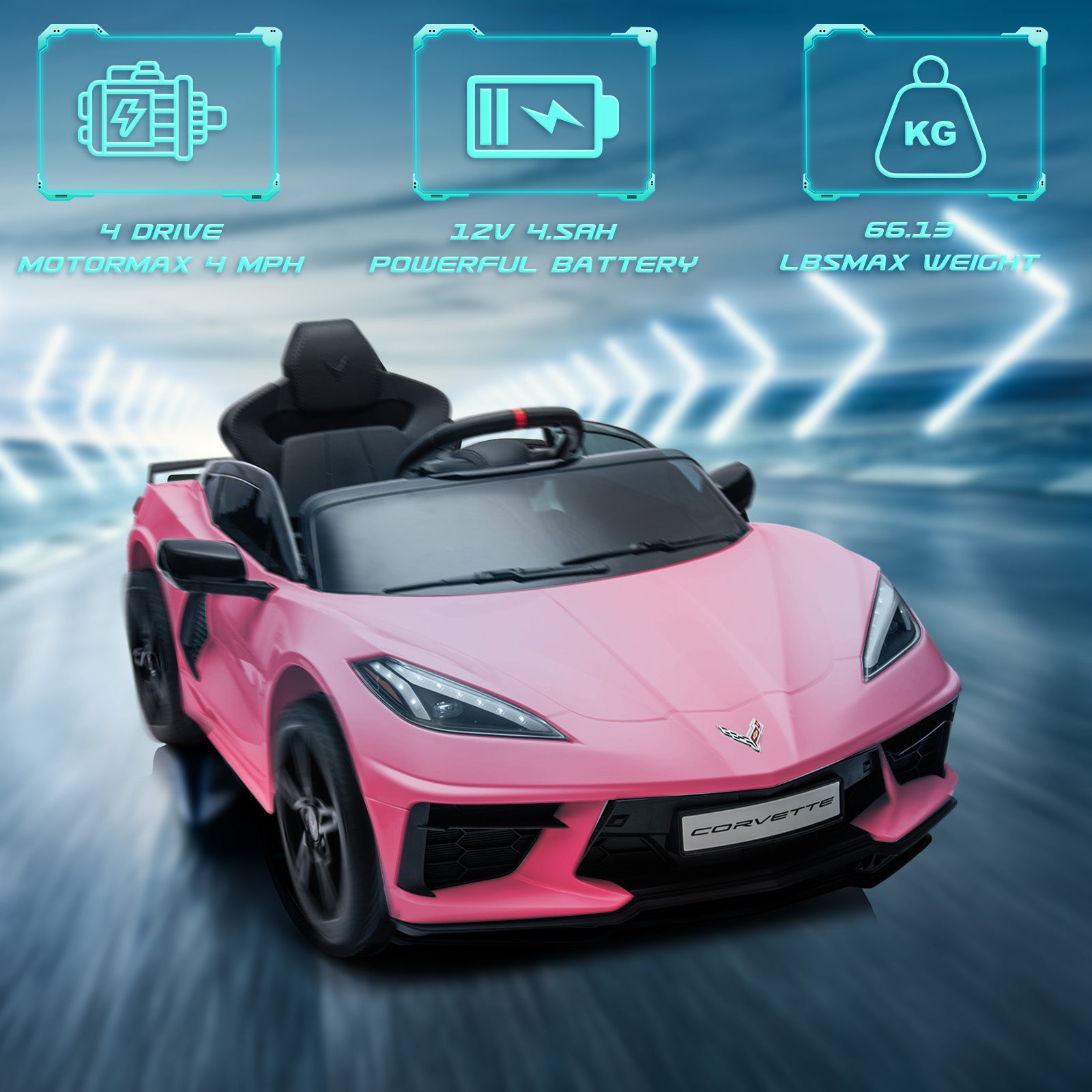 XJD Corvette C8 12V Electric Ride-On Car for Kids - Dual Speed, LED, USB, Bluetooth, Parental Control, for Ages 3+, Pink