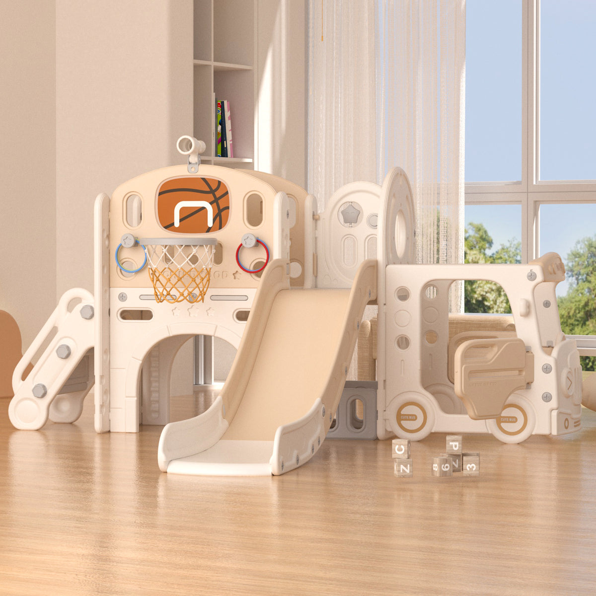 XJD 10-in-1 Toddler Slide Set Freestanding Climber Playset with Basketball Hoop and Ball Versatile Playset for Kids, Beige Coffee