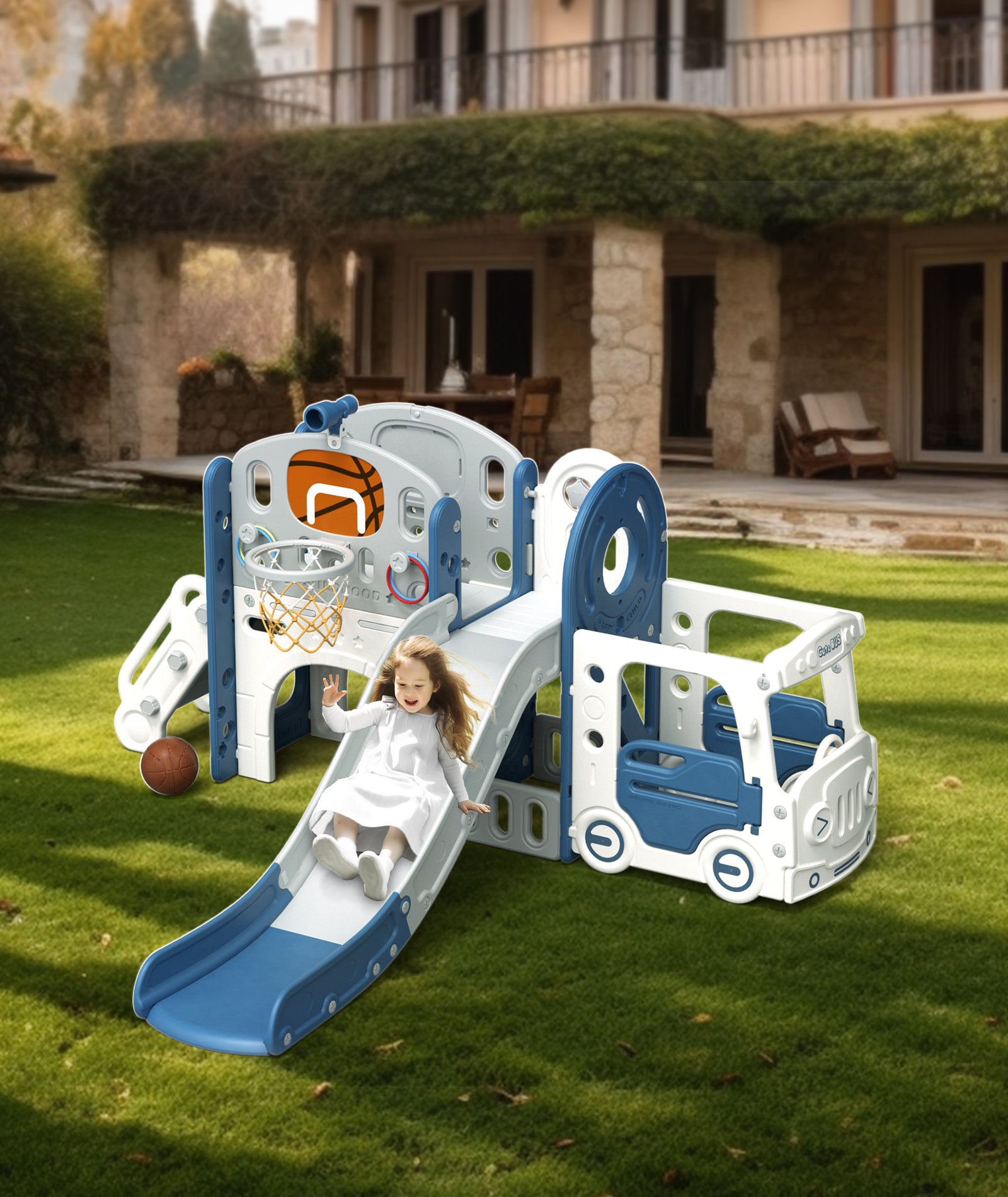 XJD 10-in-1 Toddler Slide Set Freestanding Climber Playset with Basketball Hoop and Ball Versatile Playset for Kids, Blue Grey