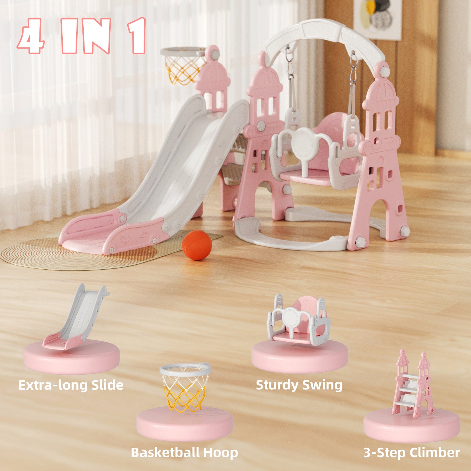 XJD 4-in-1 Toddler Slide and Swing Set Pink In Stock USA