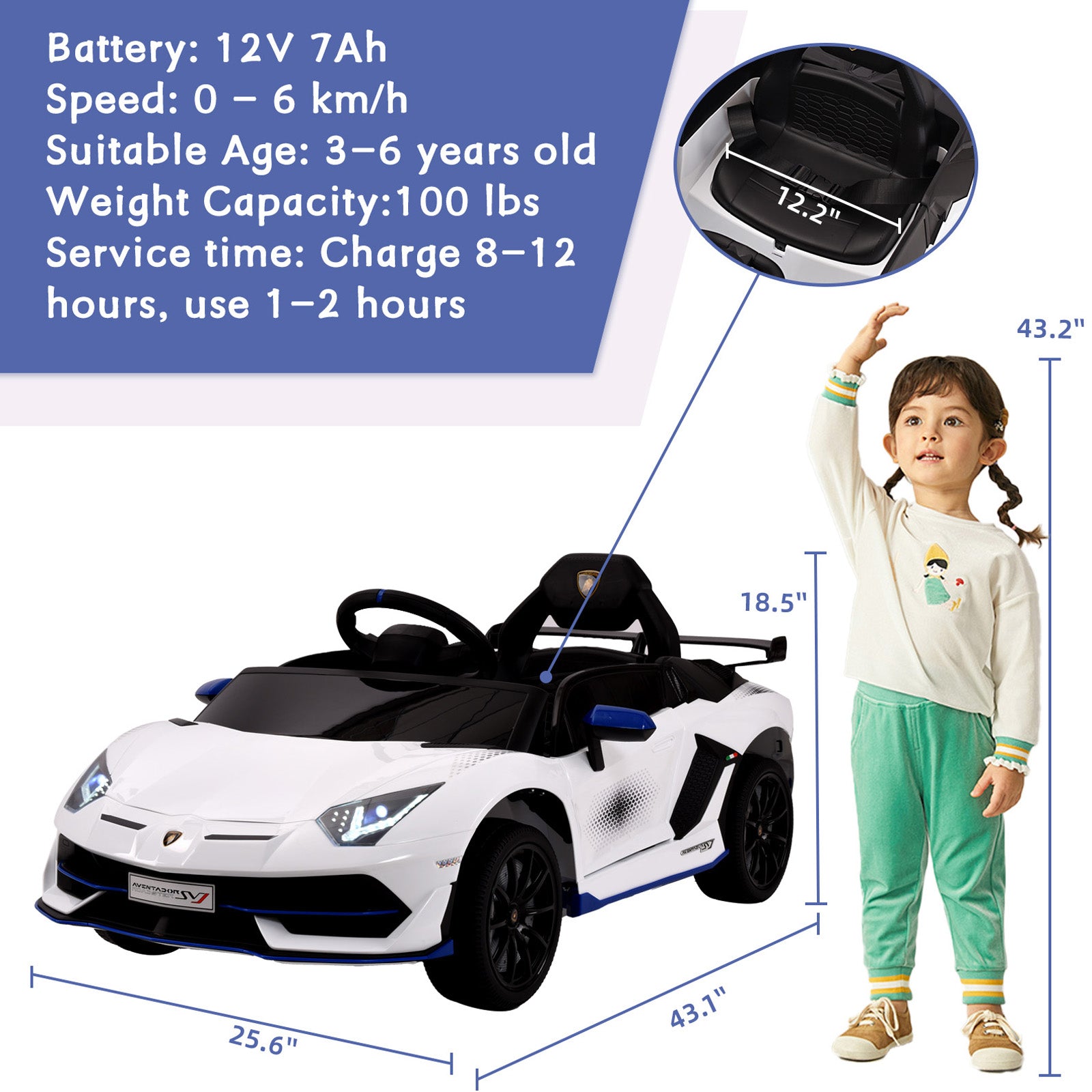 XJD 12V Kids Ride On Lamborghini Electric Car Power Wheels Battery Operated Vehicles Speeds Adjustable with Music, Parent Remote Control, Spring Suspension, White