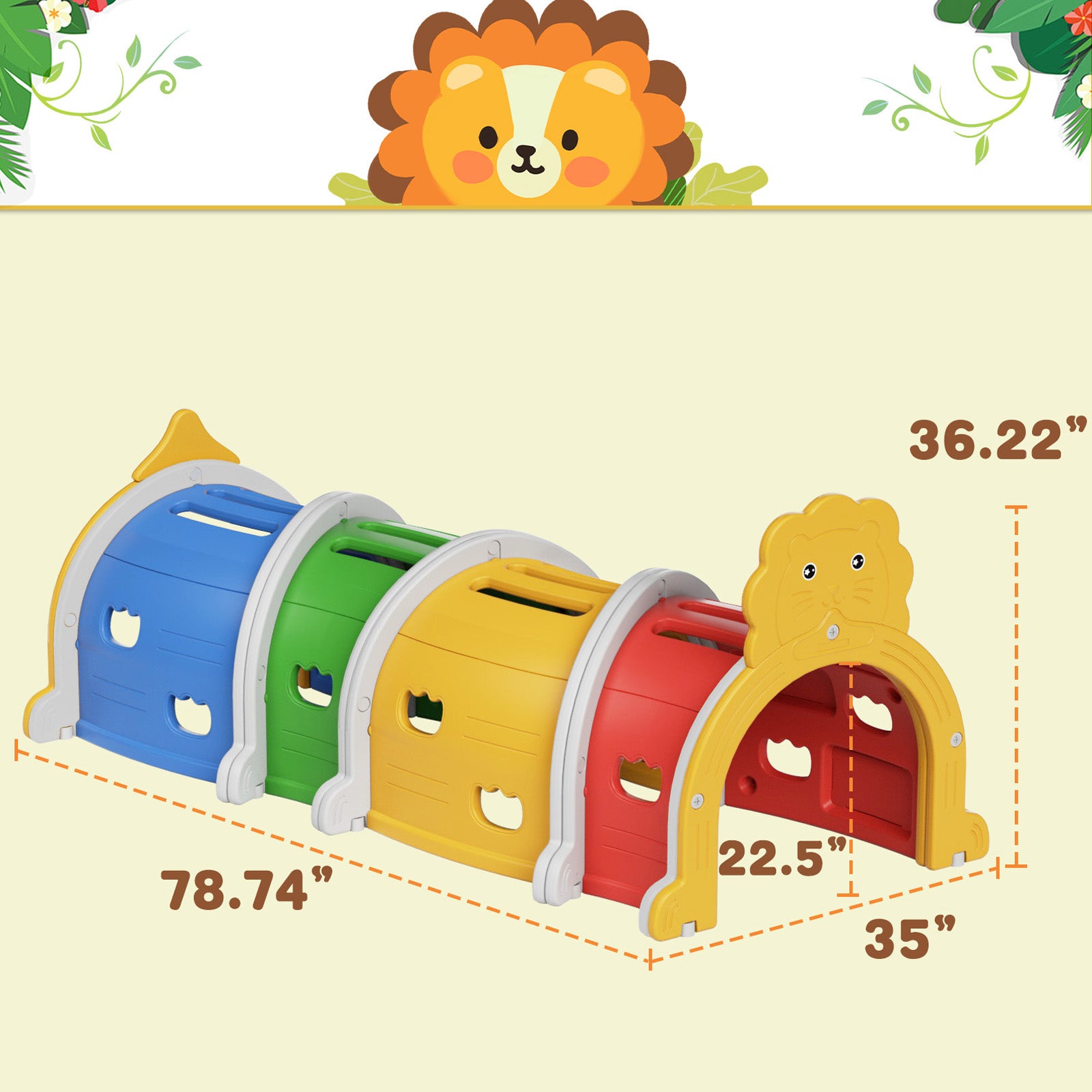 Kid's Play Tunnel for Toddlers, Caterpillar Tunnel Gift for 3-6 Years Boys and Girls, Outdoor Indoor Climbing Tunnel 3 or 4 Sections, Lion Pattern
