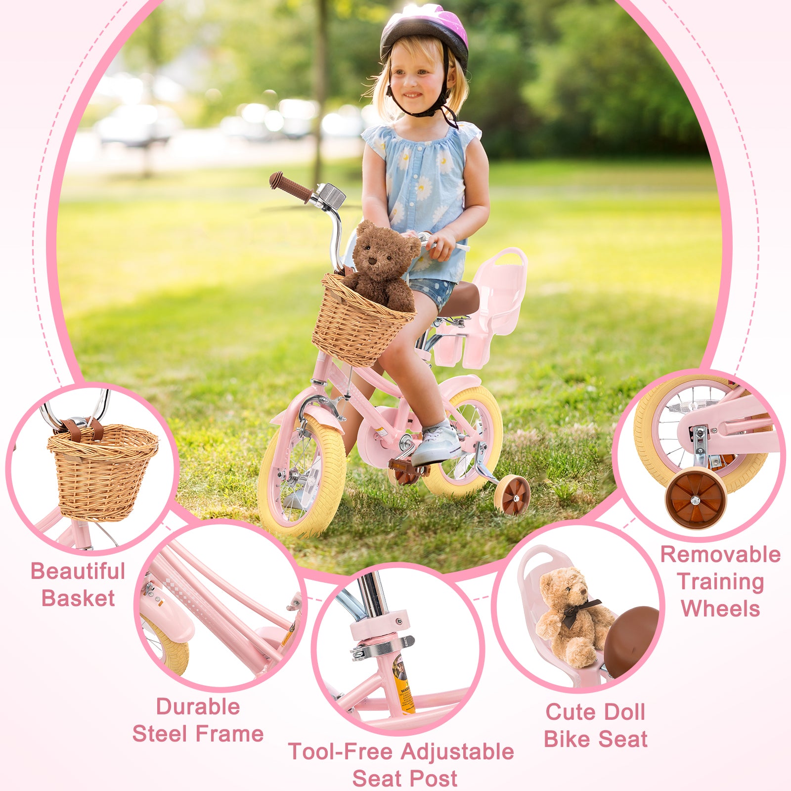 XJD Kids Bicycle for Toddlers and Children 3+ Years Old, 12 14 16 20 inch Bike for Girls and Boys, with Basket and Bell Training Wheels, Adjustable Seat Handlebar Height, Pink