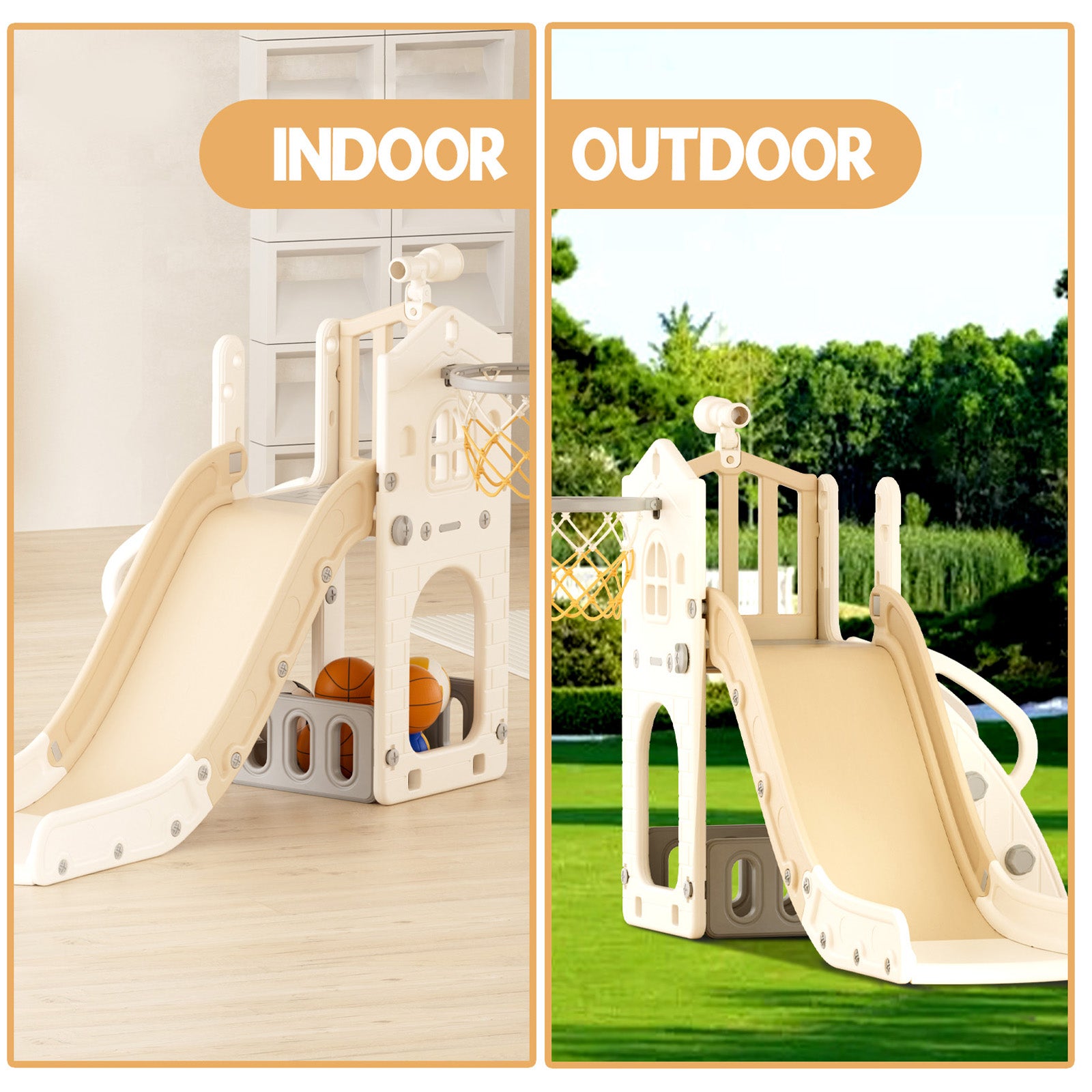 XJD 5 in 1 Toddler Slide Set  Climber Slide for Age 1-3, Outdoor Indoor Playset with Basketball Hoop, Telescope, and Storage Space, Beige/Coffee