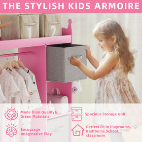Kids Large Dress up Storage with Mirror, Kids Costume Organizer with Storage Area, Pink