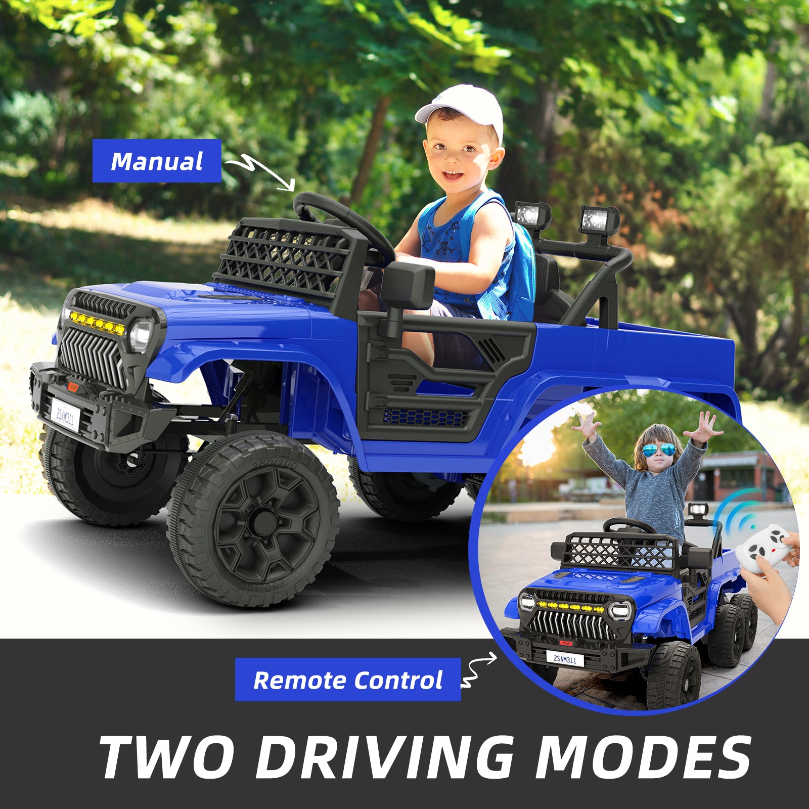 XJD 12V 7AH Ride On Truck Car with Remote Control, 6 Wheels, 2 Seats, Power Car for Kids, Blue