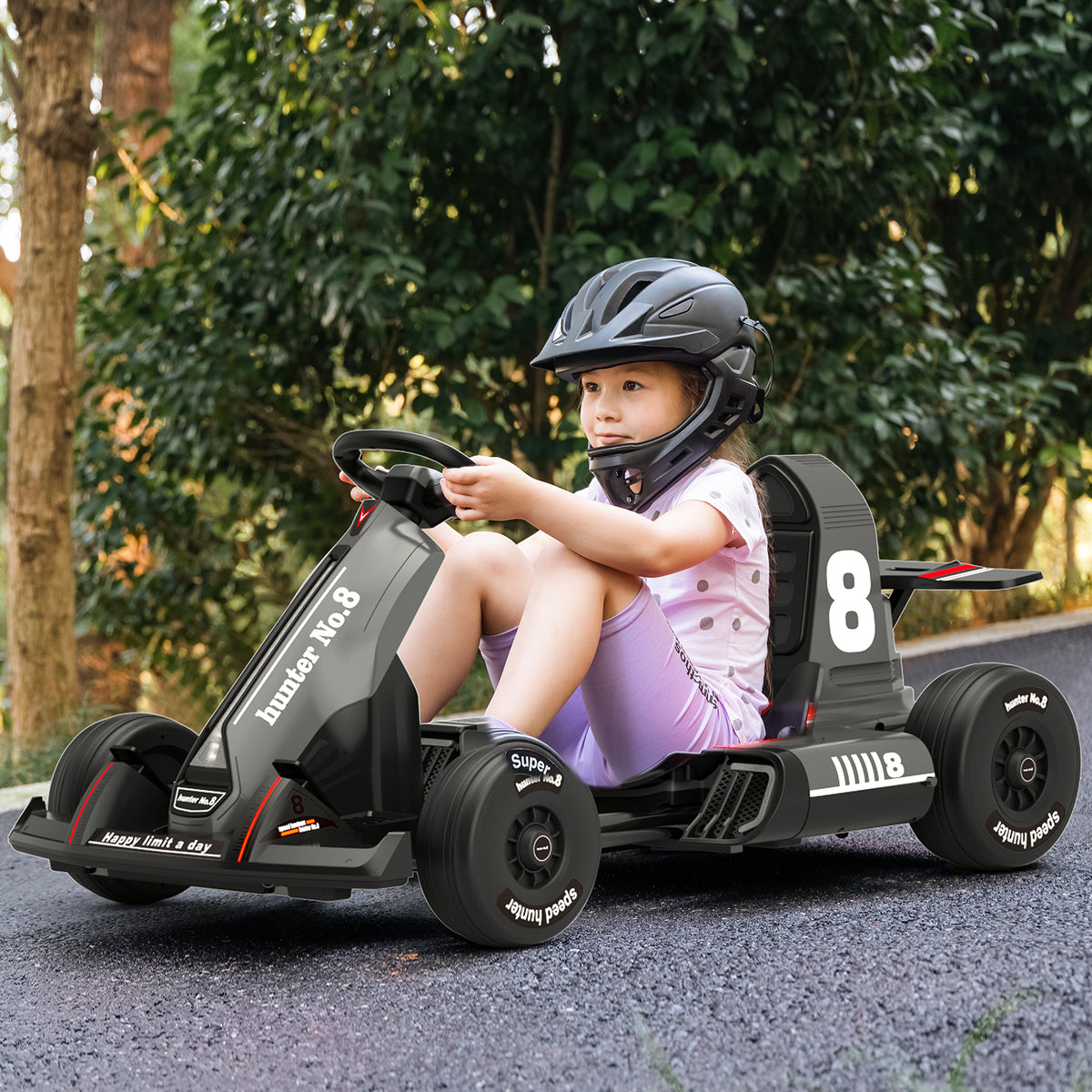 XJD 12V Electric Drifting Go Kart for Kids Battery Powered Driving Car Toy with Remote Control/Cool Lights/Bluetooth Music, Black