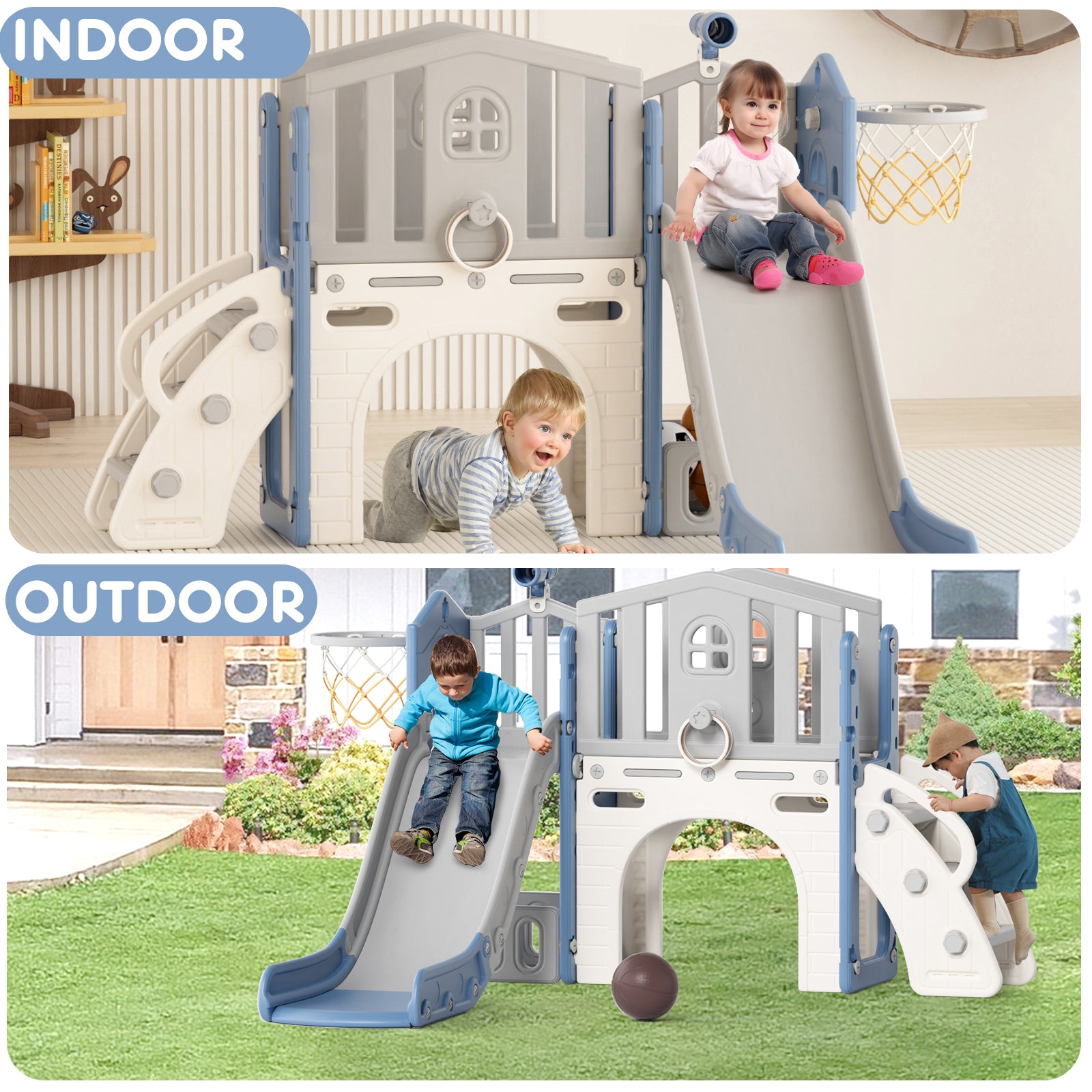 XJD 8 in 1 Toddler Slide Set  Climber Slide for Age 1-3, Outdoor Indoor Playset with Basketball Hoop, Telescope, and Storage Space, Coffee/Beige